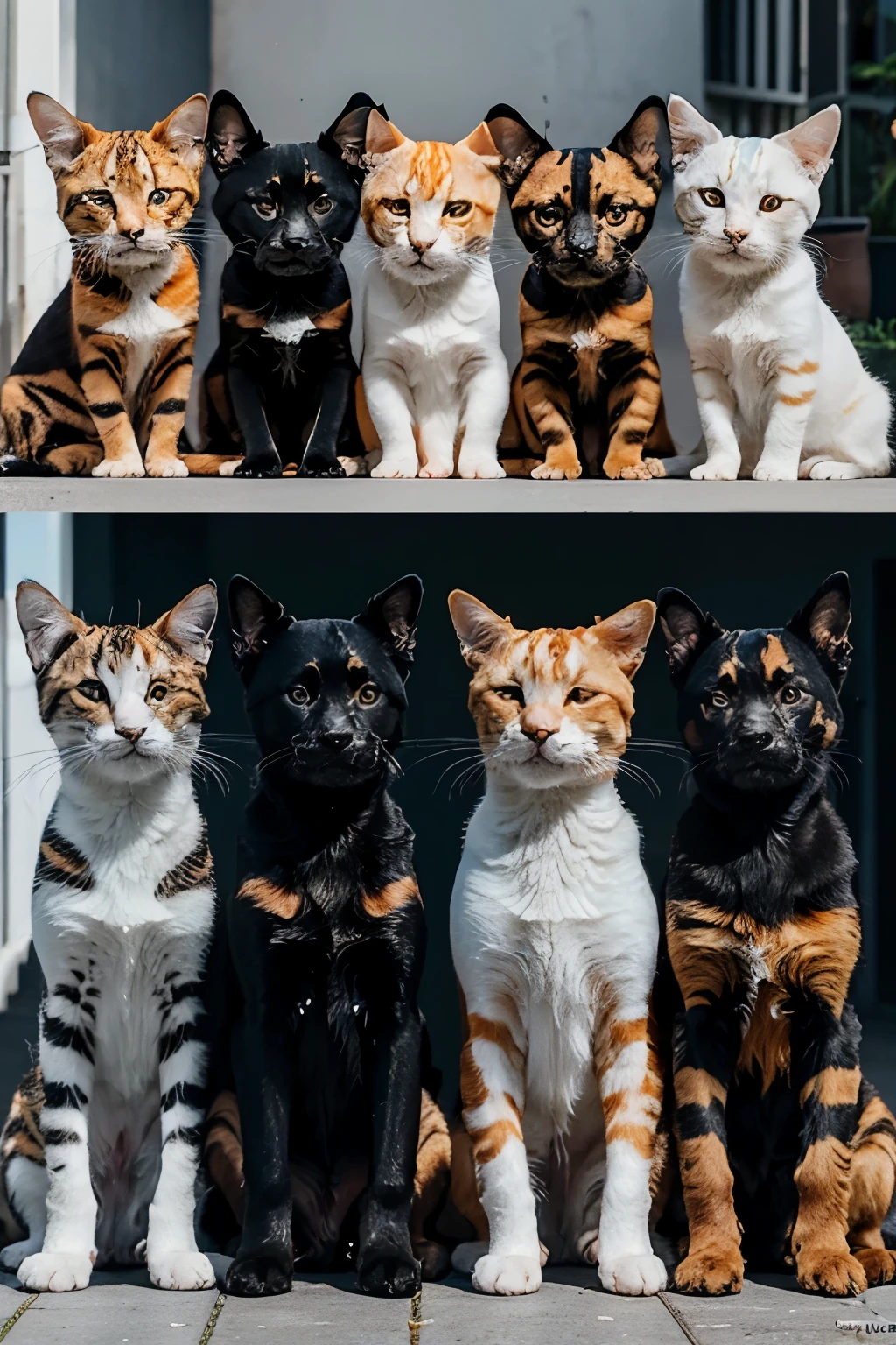 Imagine a scenario with 7 pets: a totally black stray dog, a totally orange stray dog, a shitzu dog with the colors white and black, an orange striped cat, a tabby cat with white and orange , a white cat, another tabby cat with white and black and a kitten with white and gray. Image in 8k format