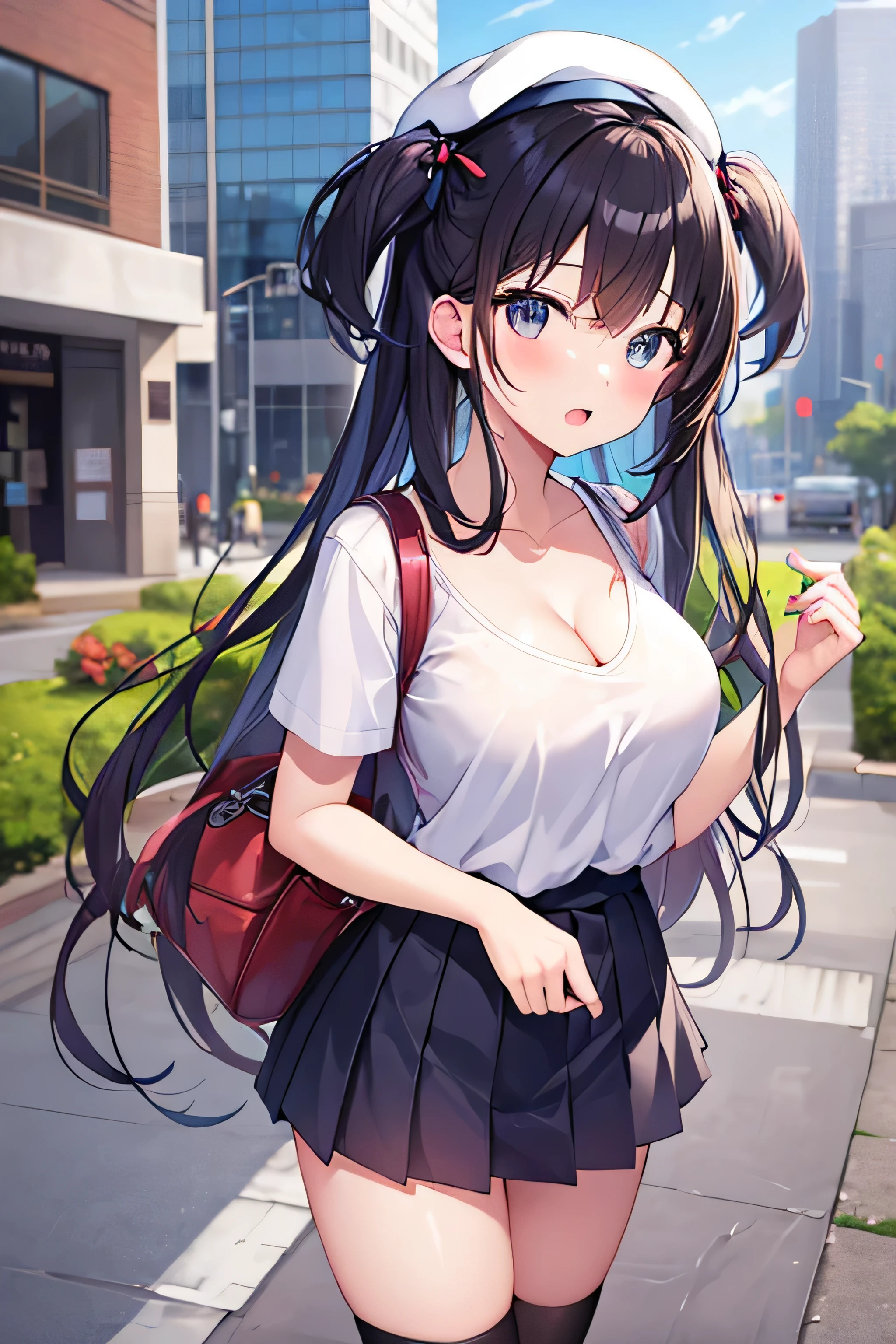 masterpiece、Highest image quality、ultra high resolution、girl with big tits、twin tail hairstyle、black hair、red face、mock、Open your mouth just a little、A white T-shirt that shows the cleavage of a teenage schoolgirl、casual for teenage high school girls、Knee high socks for teenage schoolgirls、white beret for teenage 、Skyscraper、outdoors