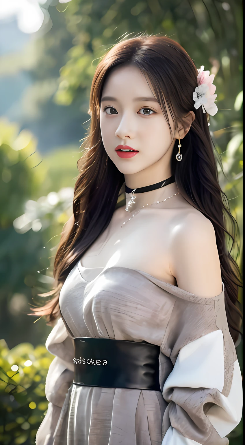 Watery eyes，Love pupils，[is shy]，long whitr hair，Works of masters，Best image quality，超高分辨率，Higher quality，a beauty girl，femele，heart-shaped hair ornament，8K分辨率，pupils，beautiful pupil，Be red in the face，eventide，oases，Magic ring，volumettic light，Cinematic lighting，Natural soft light.Cascades waterfalls background，Not exposed,Full body photo，Full body like，Setsugetsu Hōmoe Girl Light Shoulder，Solo，The crystal clear water splash is perfectly reflected，The eyebrows have a pattern，Beautiful black eyes，Beautiful glow，best qualtiy，illustratio，tmasterpiece，The best production，Best quality at best，highly  detailed，extremaly detailed cg，illuminating，adolable，Dingdall effect，Bare shoulders，depth of fields，Black water，Super cute，Glaring，Absolutely beautiful，Exquisite facial features，sprout，Black water particle effects，dream magical，Floating black glowing particles，Burning hair，choker necklace((tmasterpiece))，(（Highest image quality))，Beautiful CG，Blue-violet tones，Sweet，Fashionable outfits