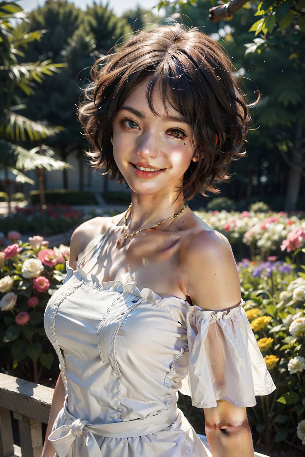 highest quality, masterpiece, ultra high resolution, (realistic:1.4), RAW photo, 1 girl, white dress, off shoulder, flower garden, glowing skin, light smile very short hair pixie cut smile