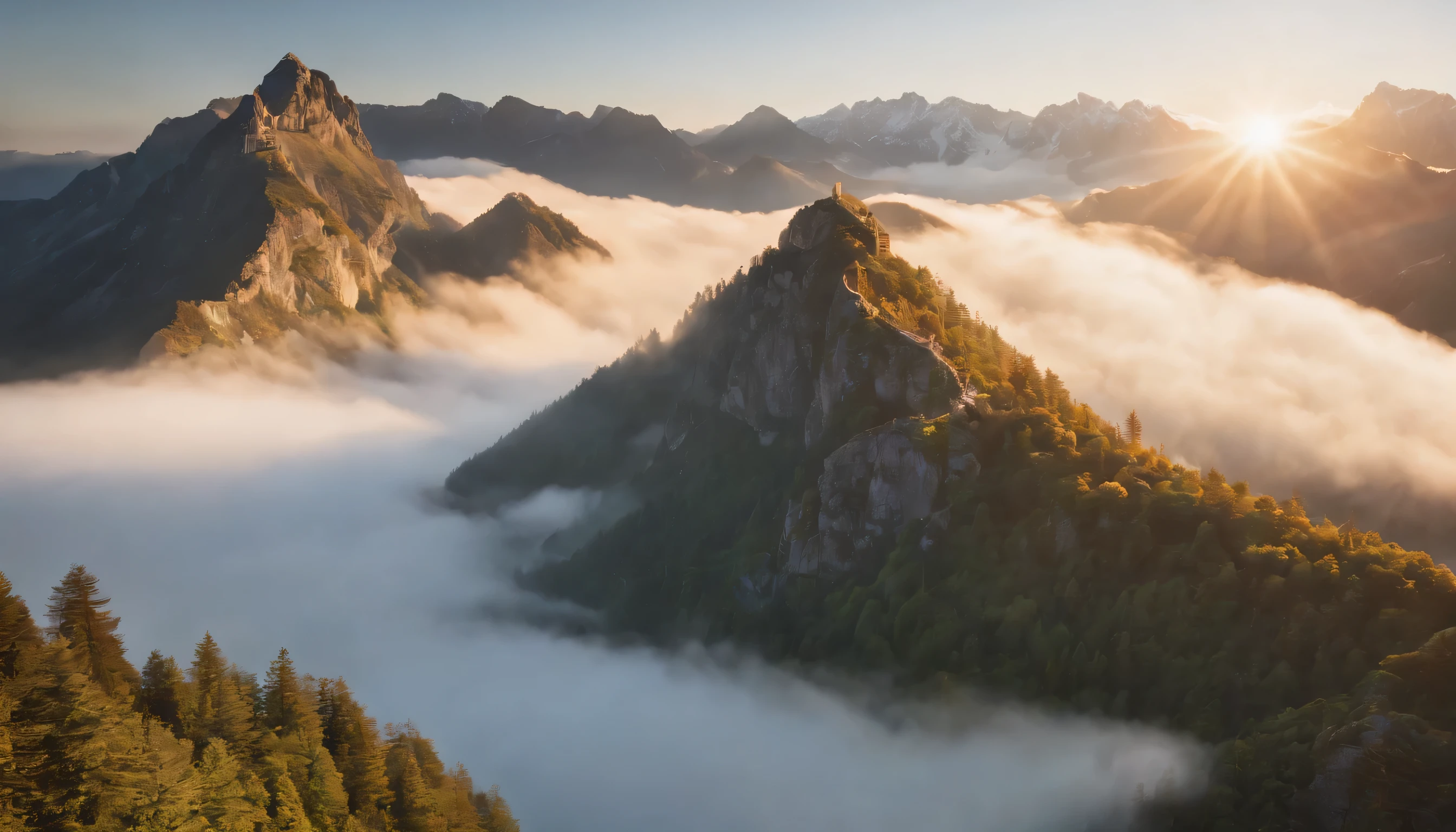 (Highly detailed CG Unity 8k wallpaper、masterpiece、highest quality、Super detailed)、(best lighting、best shadow、very delicate and beautiful)、highest quality、8k、Detailed facial depiction、masterpiece、highest quality、clear image quality、
Enjoy the spectacular view of the sea of clouds from the top of the mountain。