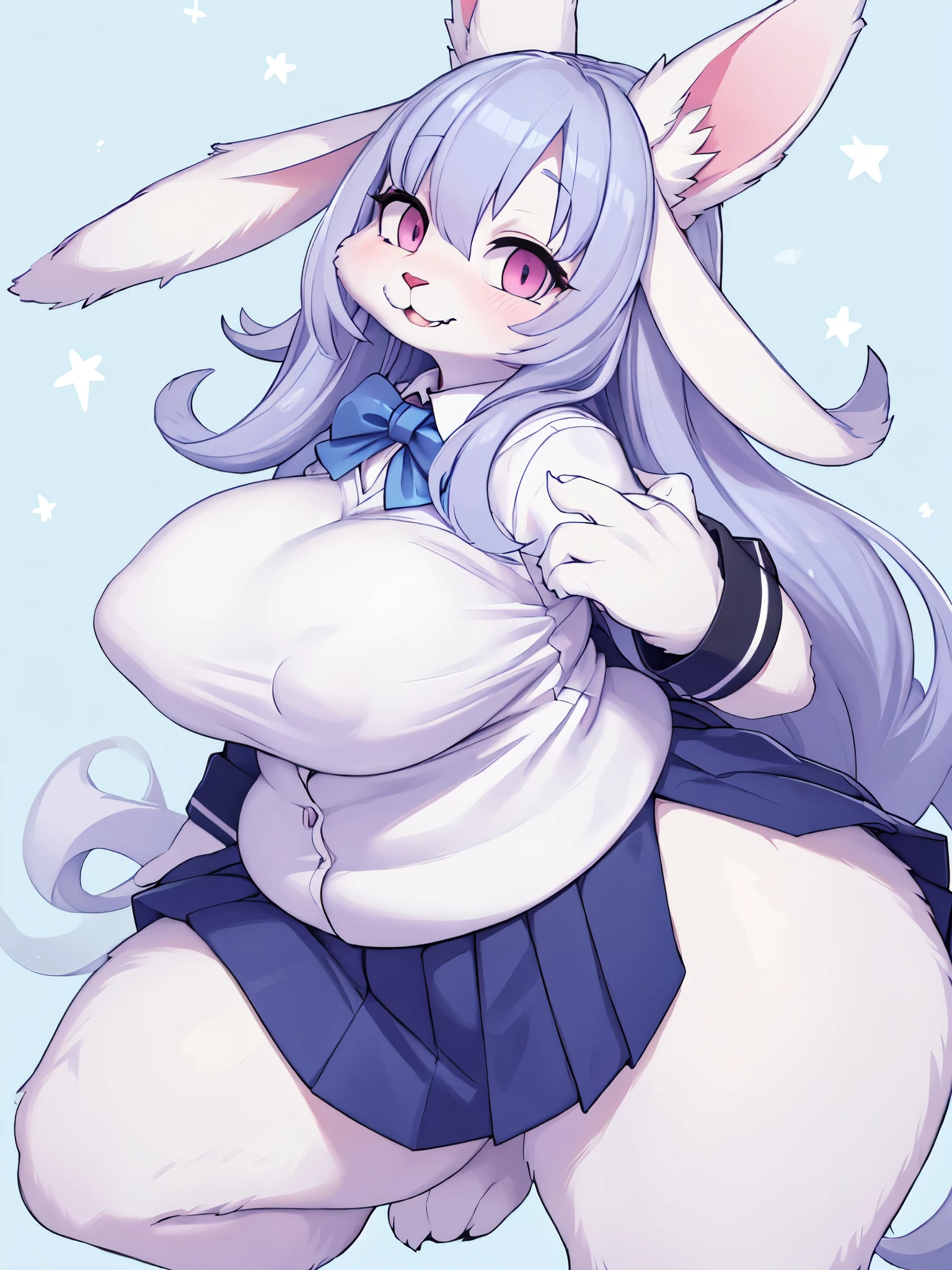 (a white huge female rabbit furry), white fur, black fur on ear's edge, long light blue curly hair, pink eyes, kemomo, bbw, plump, young furry, lopening mouth, cute rabbit teeth, lovely background, happy, school uniform