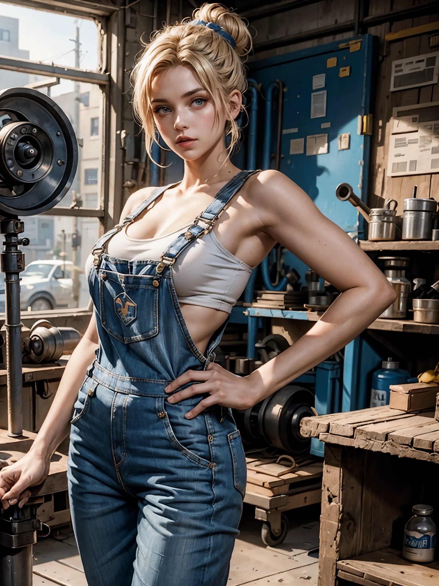 4K UHD photo, busty female mechanic in a workshop, arched back, wearing blue overalls, holding a wrench, blonde bun hair, masterpiece, (in the style of mandy jurgens:1.0), best quality, highly detailed, (ambient occlusion)