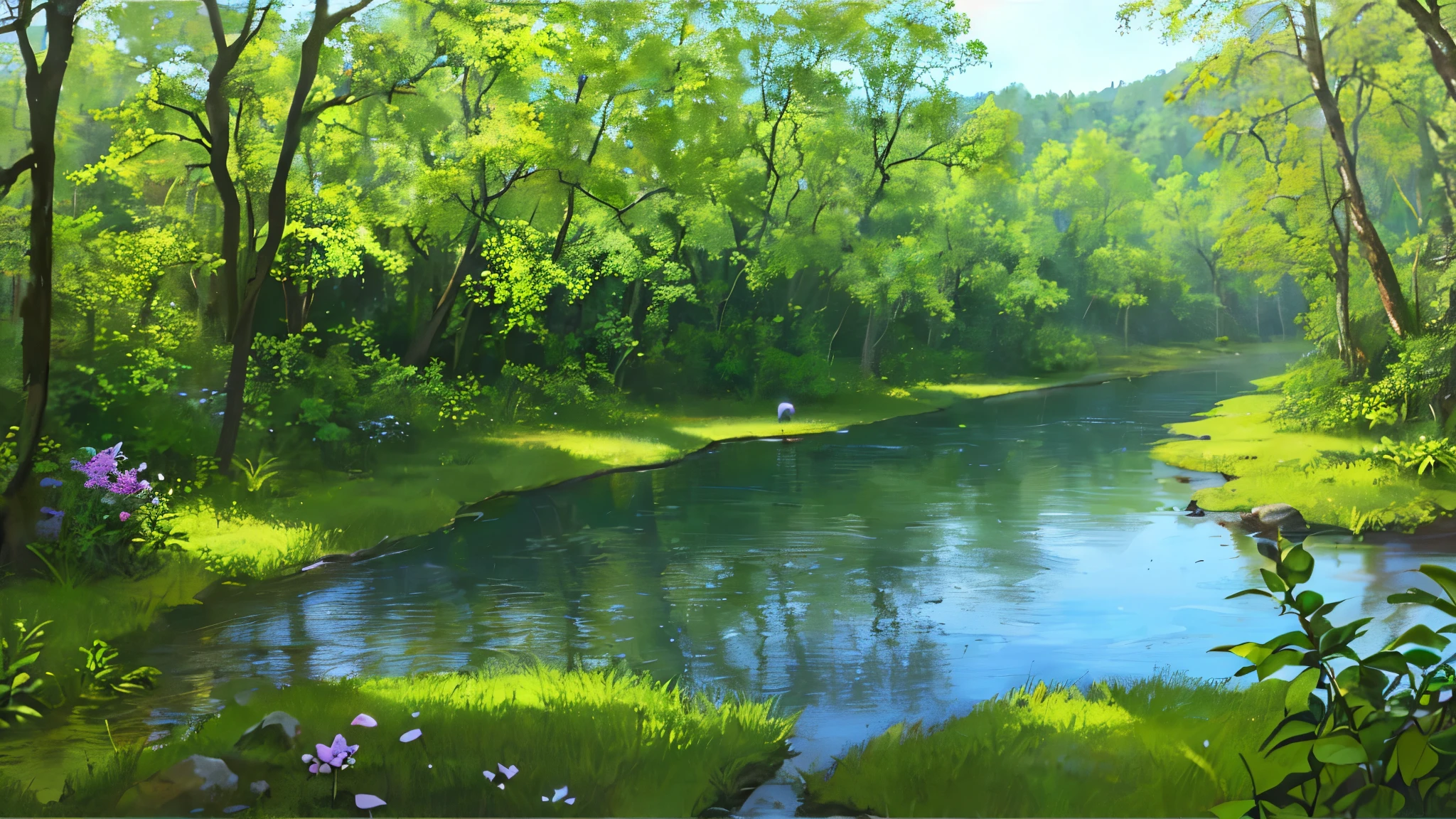 (highest quality)), (no photos of people), in the forest, small fish,flowing river, quiet pond, Waterside wildflowers, stream, stone, Healing,beautiful water