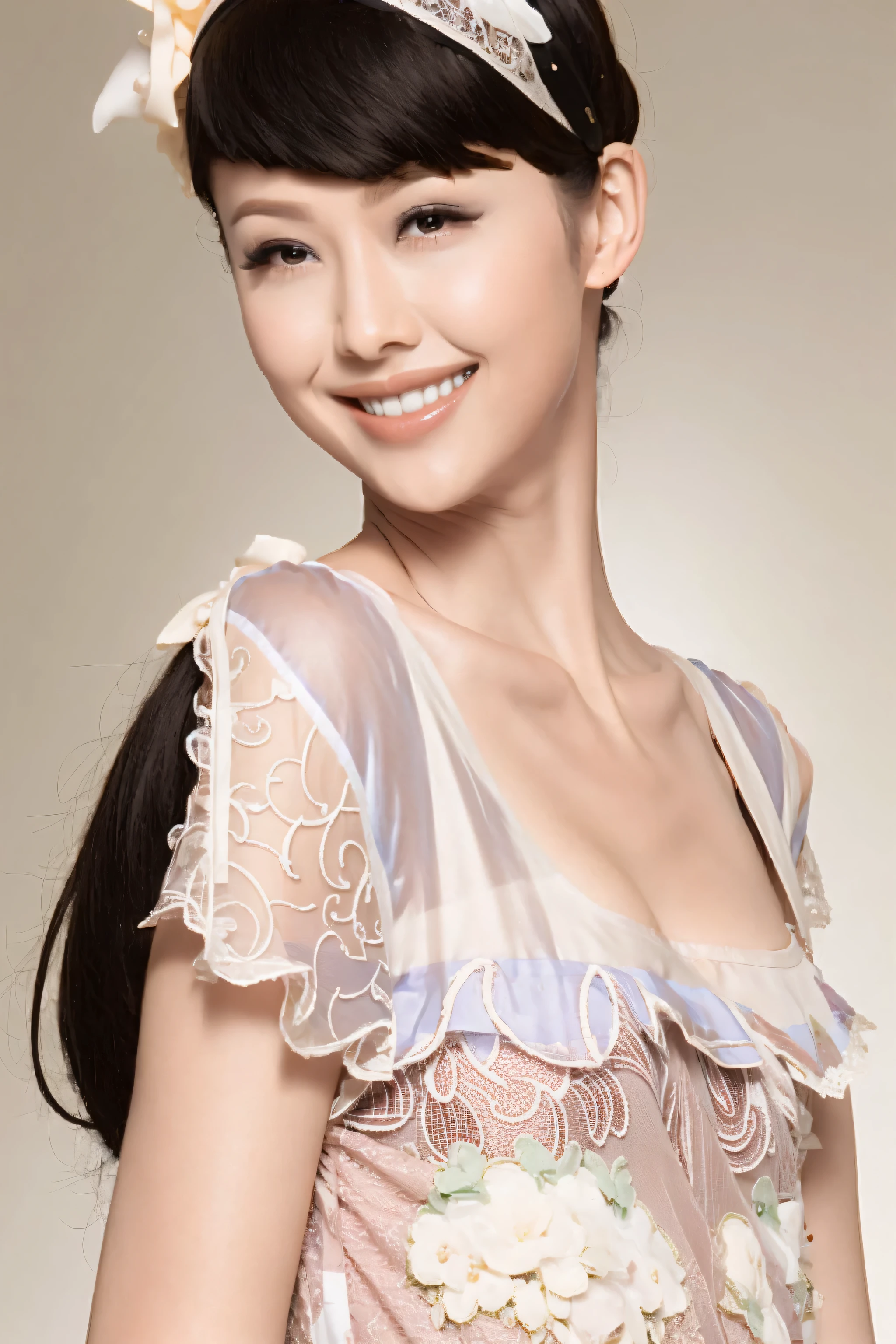 fashion model 20 years old [[[[close up]]]], [[[[neck]]]], [[[[Shoulder]]]], perfect eyes, perfect iris，perfect lips，perfect teeth，Perfect skin，White skin，Soft headlight，High Density Imaging Review，long black hair，（Face is clear and delicate），((white lace underwear))，((Sexy))，(((charming smile)))，((Half body photo))，((The background is the bedroom))，((Deluxe king bed))，best quality，masterpiece，（pastel colors：1.2）