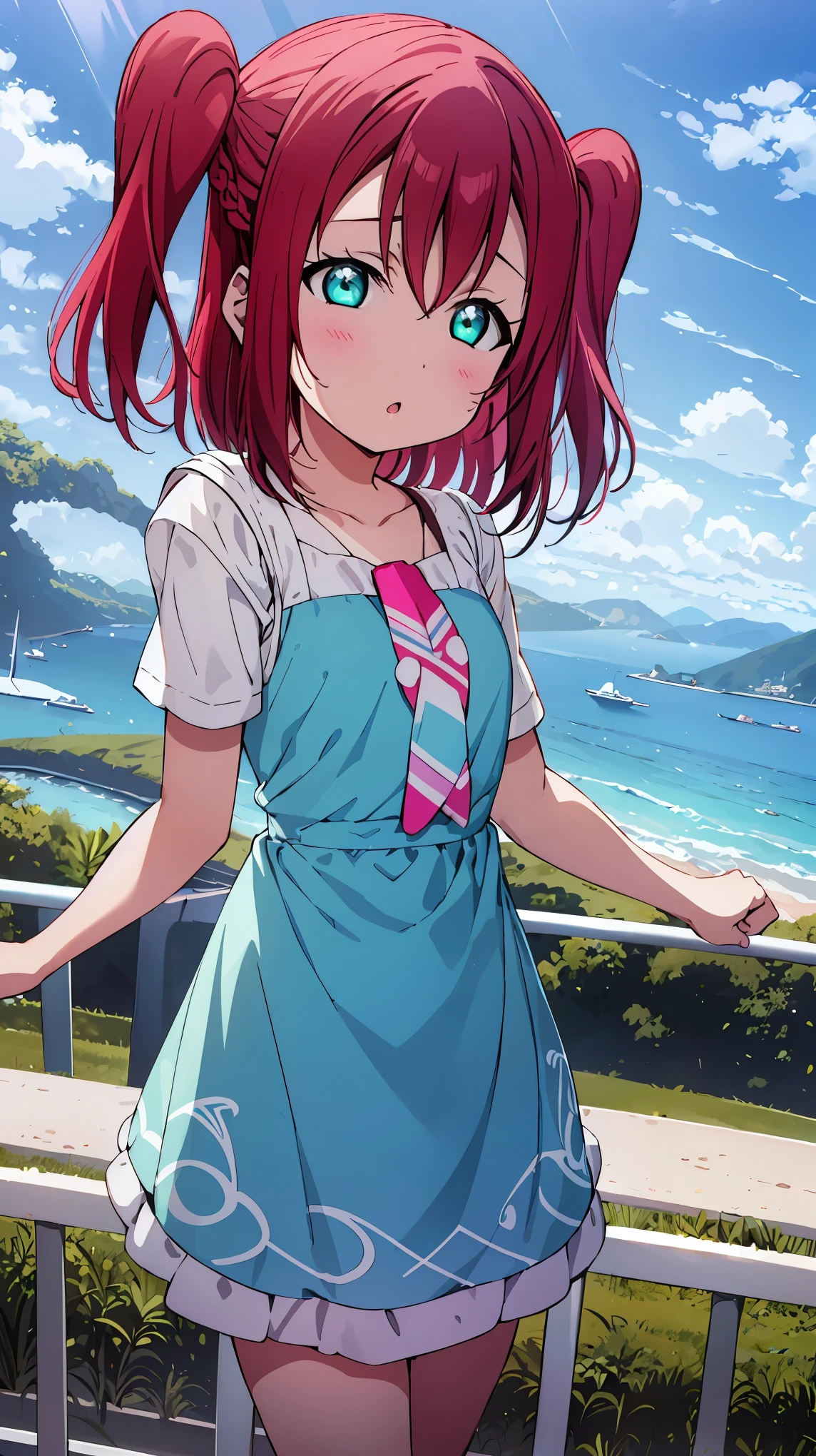 Ruby kurosawa, aqua eyes, medium hair, red hair, two side up, twintails,, Best Quality,Illustration, Wallpaper, Ultra Detail, absurderes, 1、 Solo, 、short braided hair), Beautifulultra-detailed 、:o、 Beautiful sky、(a panoramic view:1.2)