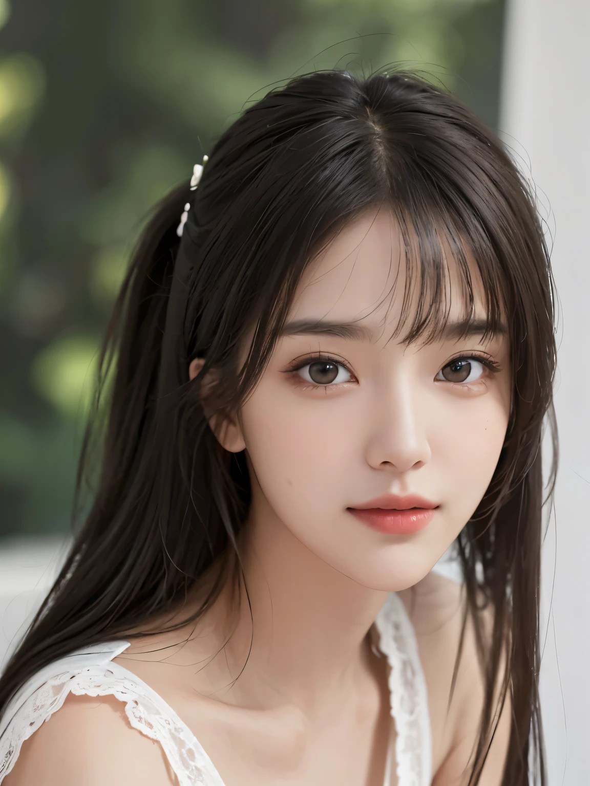 Masterpiece, highest quality, beauty, Japanese, popular Korean makeup, fine, detailed eyes, fine skin, beautiful skin, super high resolution, (reality 1.4), very beautiful, slightly young face, beautiful skin, slender, (super realistic) , (Illustration), (High resolution), (8K), (Very detailed) (Best illustration), (Beautiful and detailed eyes), (Super detailed), (Wallpaper), (Detailed face), Viewer's perspective, Fine detail, detailed face, pureerosfaceace_v1, smile, direct view, direct view, angle from the waist up, realistic photo, bright lighting, professional lighting, black hair (some green), long hair, dark ruins, big red moon, gorgeous red and black dress,  woman, stylish long bangs,