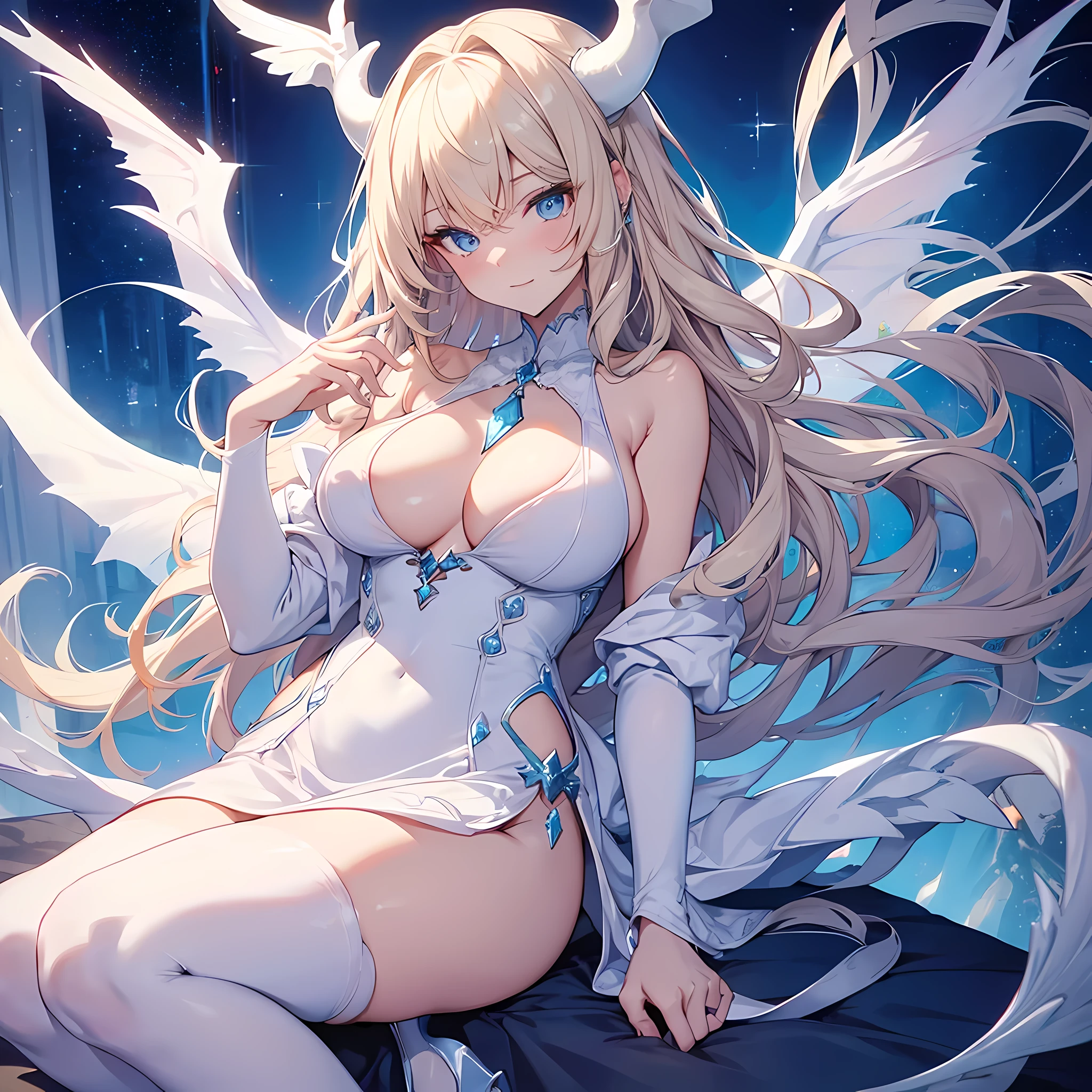 Sexy woman, big breasts, (white dragon horns), (white dragon wings, white dragon tail 1.2), looking at viewer, seductive dress, blonde hair, wavy hair, blue eyes, full body, high res, ultrasharp, 8K, masterpiece, female, diamond necklace, , blue navy long sexy dress, high heels, Small island style,happy expression, beautiful face, Full body