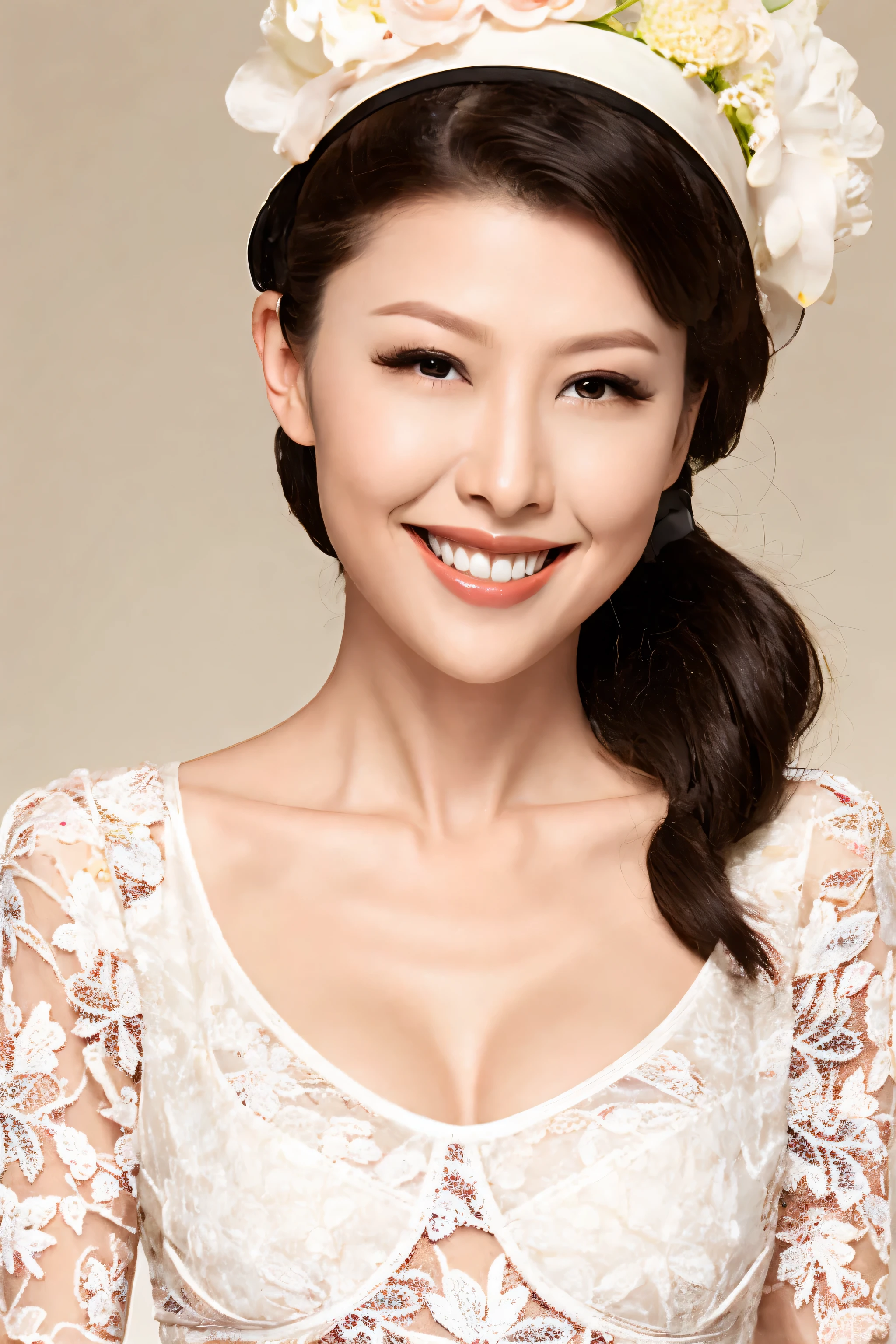 a mature actress, long hair,gravure printing, bright environment, (((sharpen))), Surrealism, {{{on the table}}}, {{{best quality}}}, {{super detailed}}, {{extremely delicate and beautiful}}, Eyes are moist, Very detailed, ((natural skin color)), fancy makeup, red lipstick, ((milf)), milf, ((on the table)), top quality, High level of image quality,16k, (The focus is on the chest), (a sexy girl), ((staring at this)),(((Sexy white lingerie))),((Smile)),