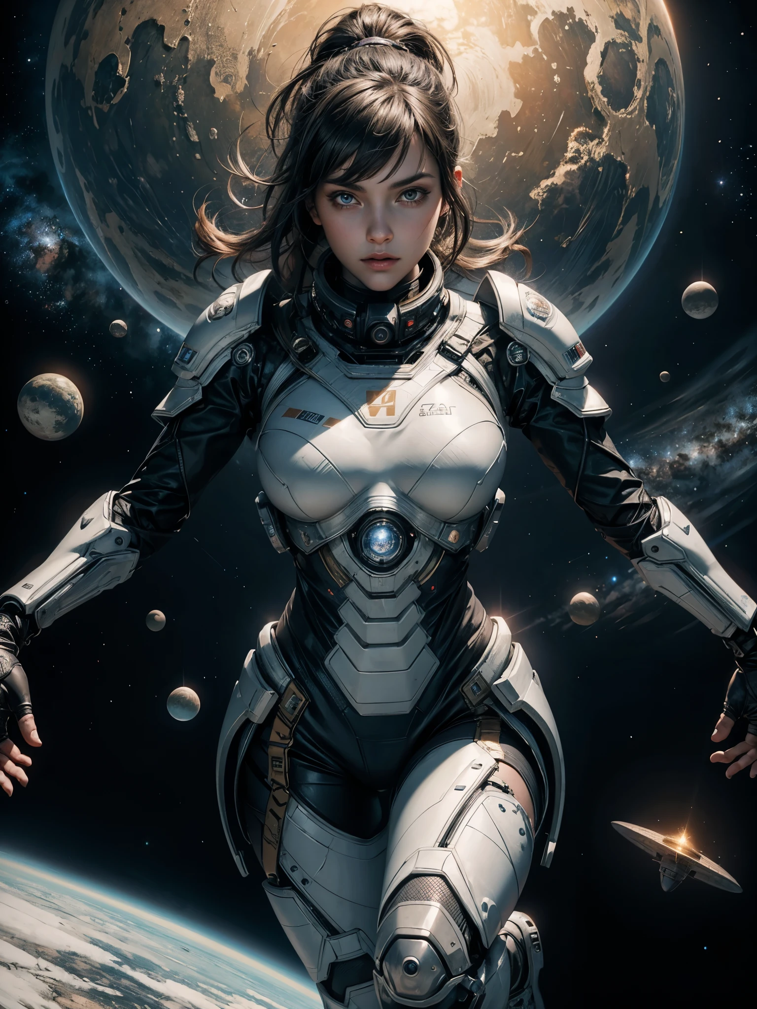 4K UHD photo, busty female with nanosuit armor, floating in space, barren planet, galaxy sky, masterpiece, (in the style of mandy jurgens:1.0), best quality, highly detailed, (ambient occlusion)