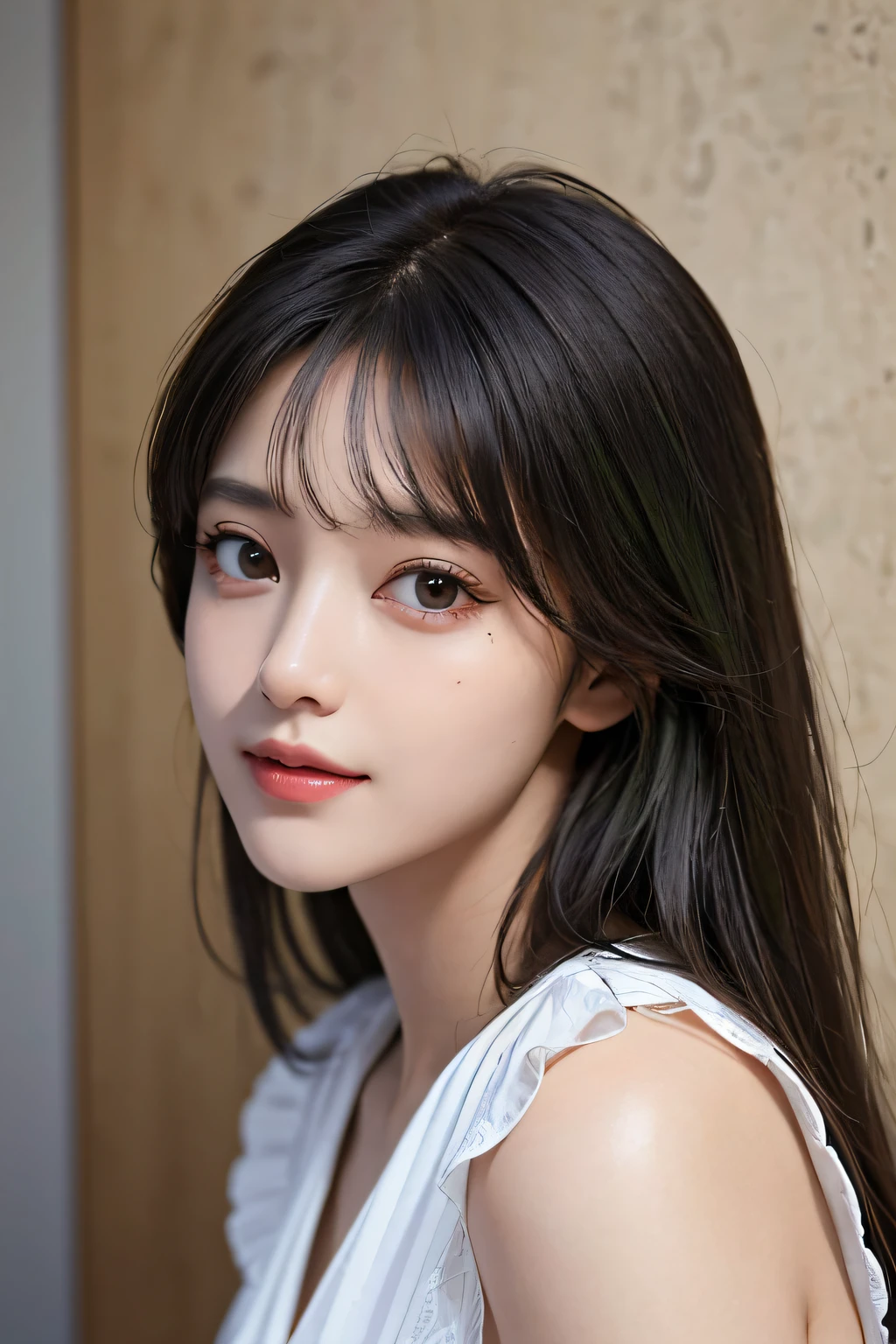 masterpiece、The highest image quality、hightquality、Beautuful Women、japanes、Popular Korean Makeup、detaileds、Swollen eyes、A detailed eye、Detailed skin、Beautiful skins、超A high resolution、(Realistis:1.4)、very extremely beautiful、Slightly younger face、Beautiful skins、Thin、(A hyper-realistic)、(illustratio)、(hight resolution)、(8K)、(ighly detailed)(The best illustrations)、(beautifully detailed eyes)、(ultra-detailliert)、(wall-paper)、(详细的脸)、looking at the viewers、fine detailed、 A detailed face、pureerosfaceace_v1、A smile、Looking straight ahead、Looking straight ahead、angle from waist up、photos realistic、Bright lighting、profetional lighting、A dark-haired(Part of the hair is green)、length hair、Black Leather Gothic Dress、a matural female、long stylish bangs、
