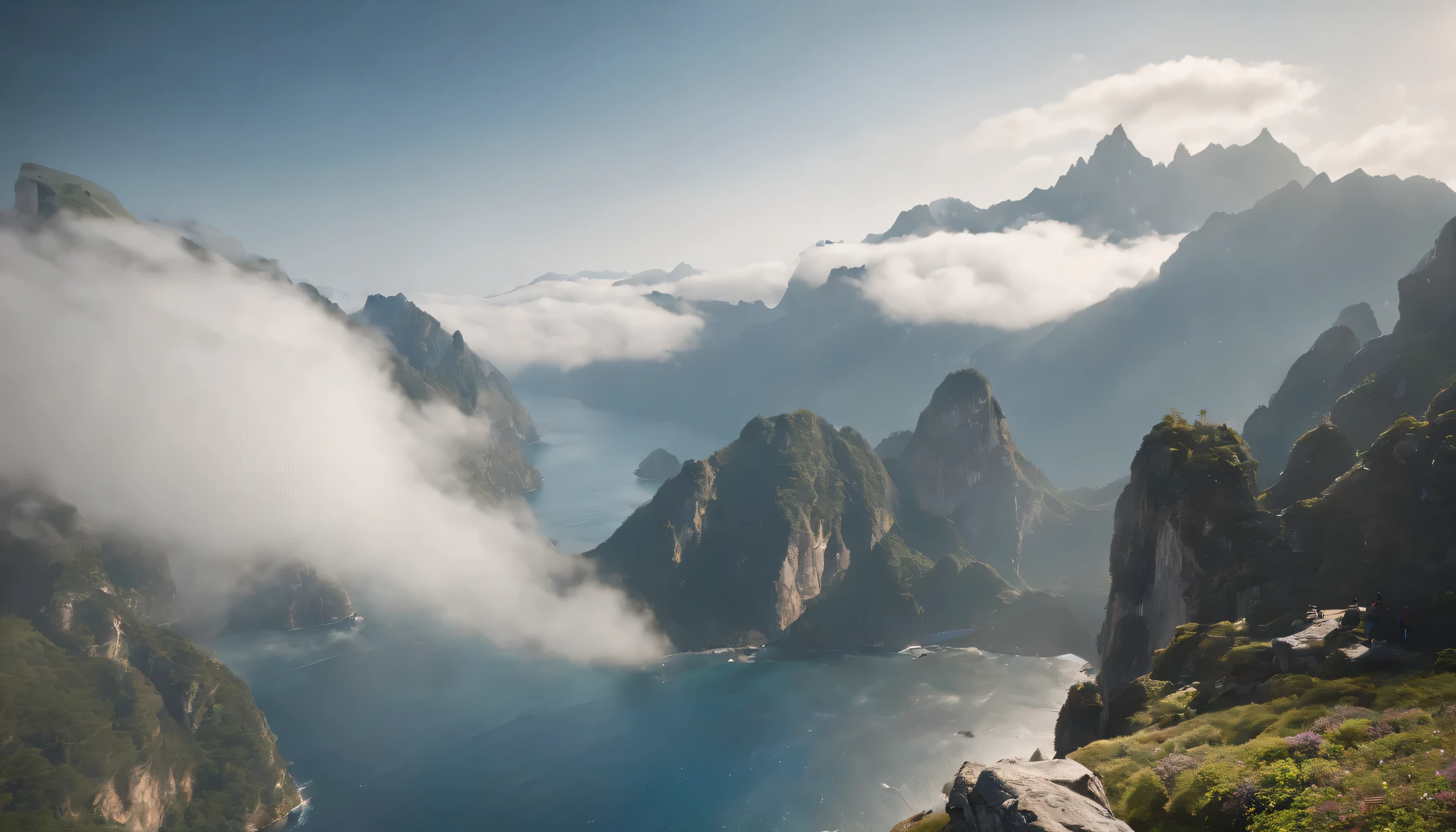 (Highly detailed CG Unity 8k wallpaper、masterpiece、highest quality、Super detailed)、(best lighting、best shadow、very delicate and beautiful)、highest quality、8k、Detailed facial depiction、masterpiece、highest quality、clear image quality、
climb to the top of the mountain、Capture the sea of clouds with a 360 degree panorama。