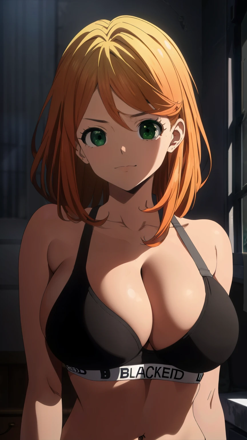 (masterpiece, highest quality, best quality, official art, beautiful and aesthetic: 1.2), (1girl), extremely detailed, (fractal art: 1.3), colorful, highest detailed, perfect face, upper body, HDR, ), vivid visual effects, (dynamic stripes, luminous traces: 1.2), ginger hair, breast focus, breasts, large breasts, bare breasts, naked, nude, boob window, sexy, wide hips, thicc figure, Detailed green eyes, Detailed face, Detailed eyes, BLACKED, BLACKED UNDERWEAR, BLACKED PORNO