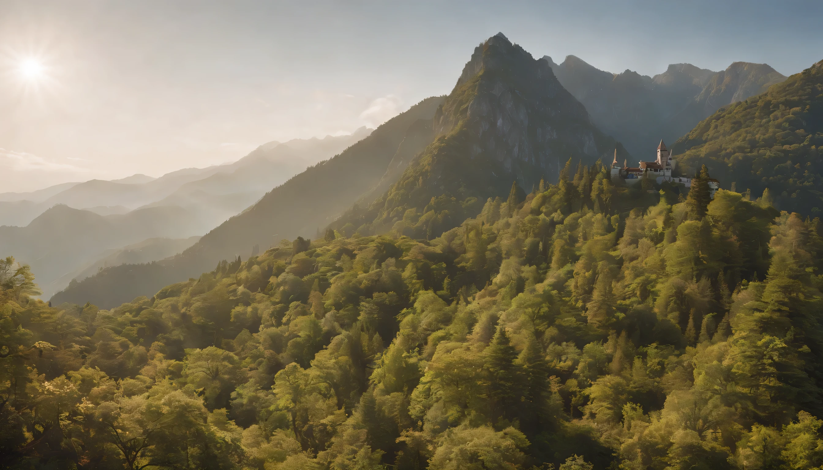 (Highly detailed CG Unity 8k wallpaper、masterpiece、highest quality、Super detailed)、(best lighting、best shadow、very delicate and beautiful)、highest quality、8k、Detailed facial depiction、masterpiece、highest quality、clear image quality、
From the forest that spreads on the mountain slope、Capturing the moment when a sea of clouds and sunlight shine through。