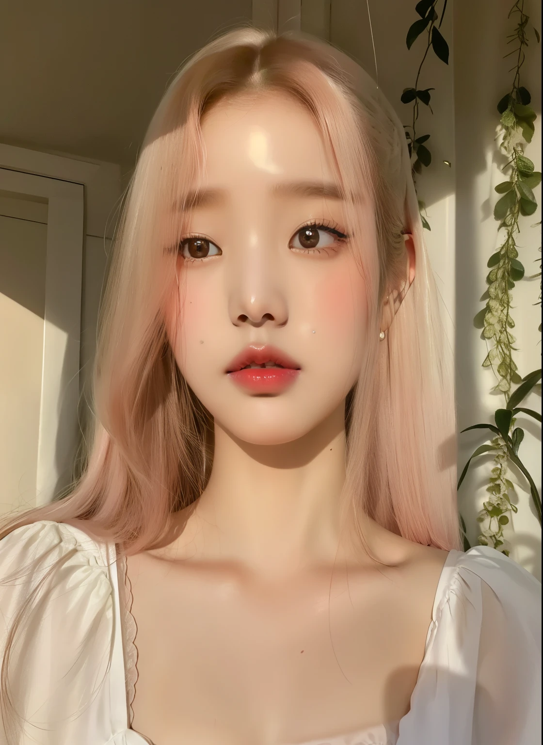 mulher ruiva com cabelos longos, usando um vestido branco e brincos, pele clara cabelo ruivo cacheado,, Uma garota com cabelo loiro, pale and glowing skin, lindo rosto delicado, wonyoung, smooth, pale, flawless skin, natural soft pale skin, retrato de wonyoung, wonyoung, uma loira linda, delicate pale pink lips, jovem infp wonyoung face
