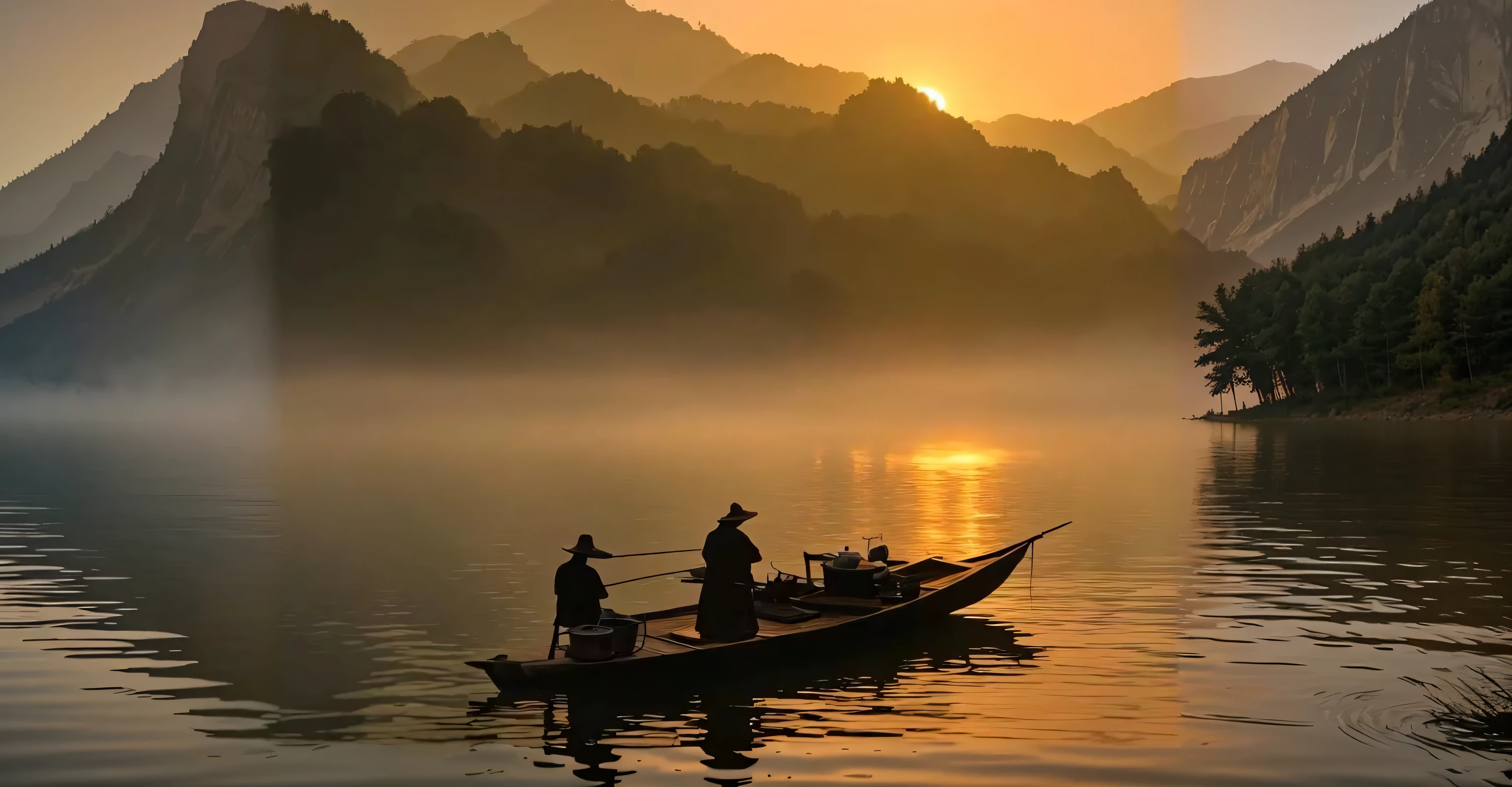 lake surface,mountains,smokes