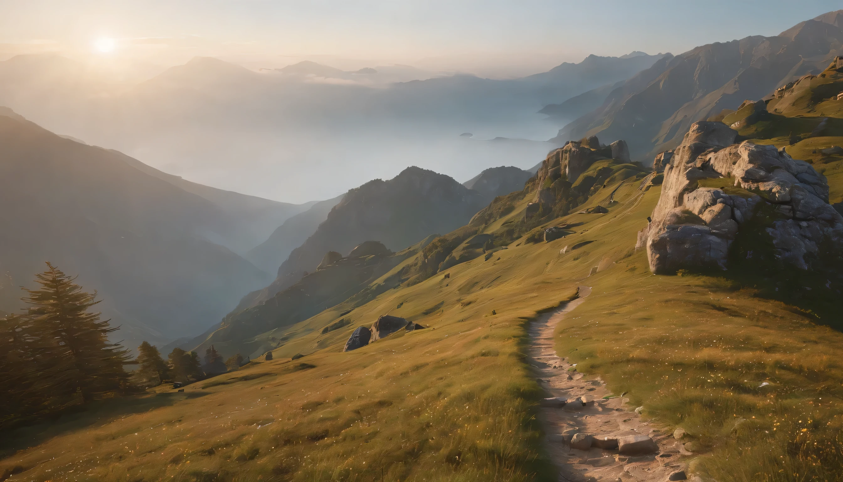 (Highly detailed CG Unity 8k wallpaper、masterpiece、highest quality、Super detailed)、(best lighting、best shadow、very delicate and beautiful)、highest quality、8k、Detailed facial depiction、masterpiece、highest quality、clear image quality、
Sea of clouds and mountains visible from the mountain trail々々Let me'take pictures of the landscape of。