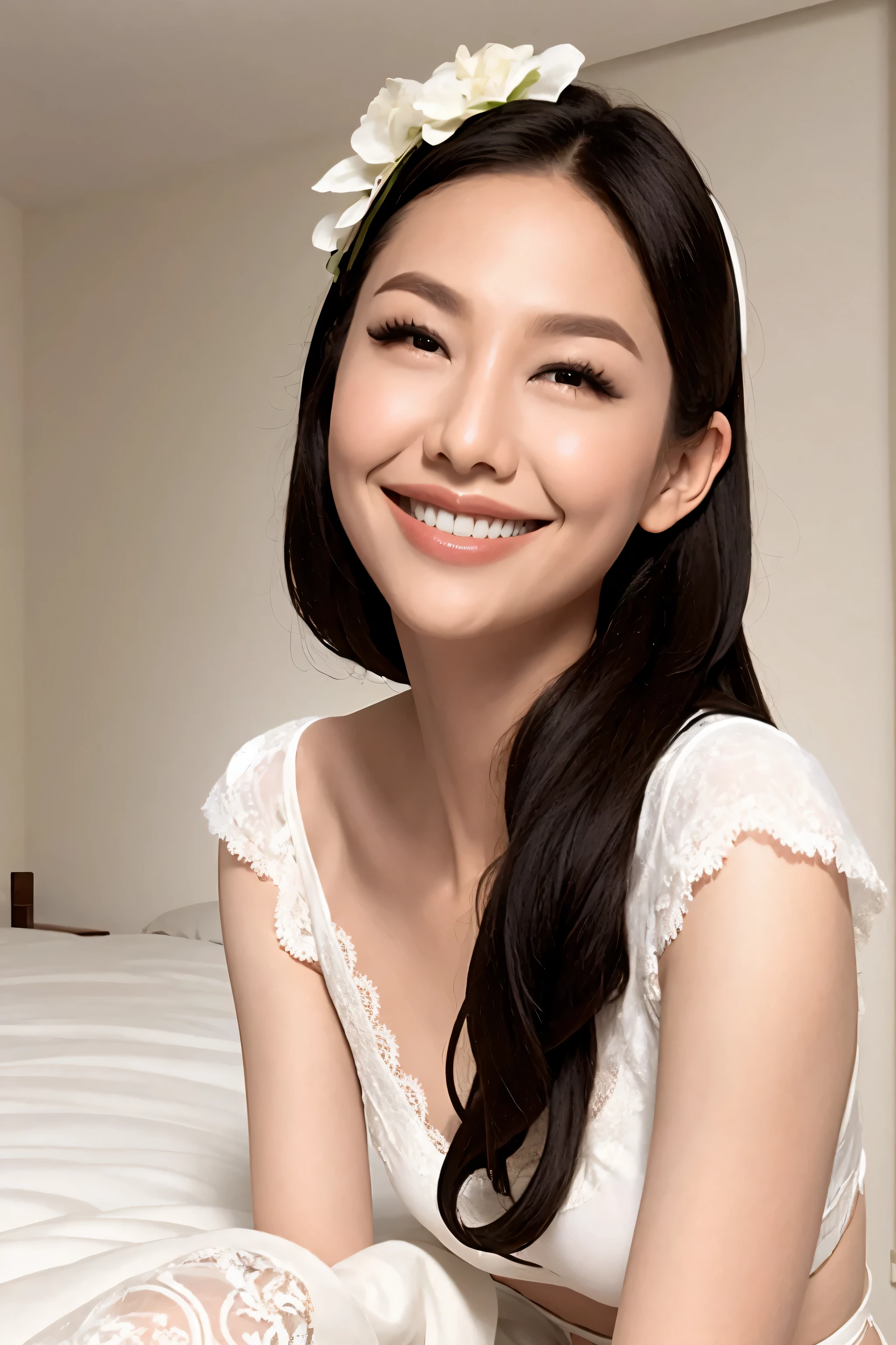 fashion model 20 years old [[[[close up]]]], [[[[neck]]]], [[[[Shoulder]]]], perfect eyes, perfect iris，perfect lips，perfect teeth，Perfect skin，White skin，Soft headlight，High Density Imaging Review，long black hair，（Face is clear and delicate），((white lace underwear))，((Sexy))，(((charming smile)))，((Half body photo))，((The background is the bedroom))，((Deluxe king bed))，best quality，masterpiece，（pastel colors：1.2）