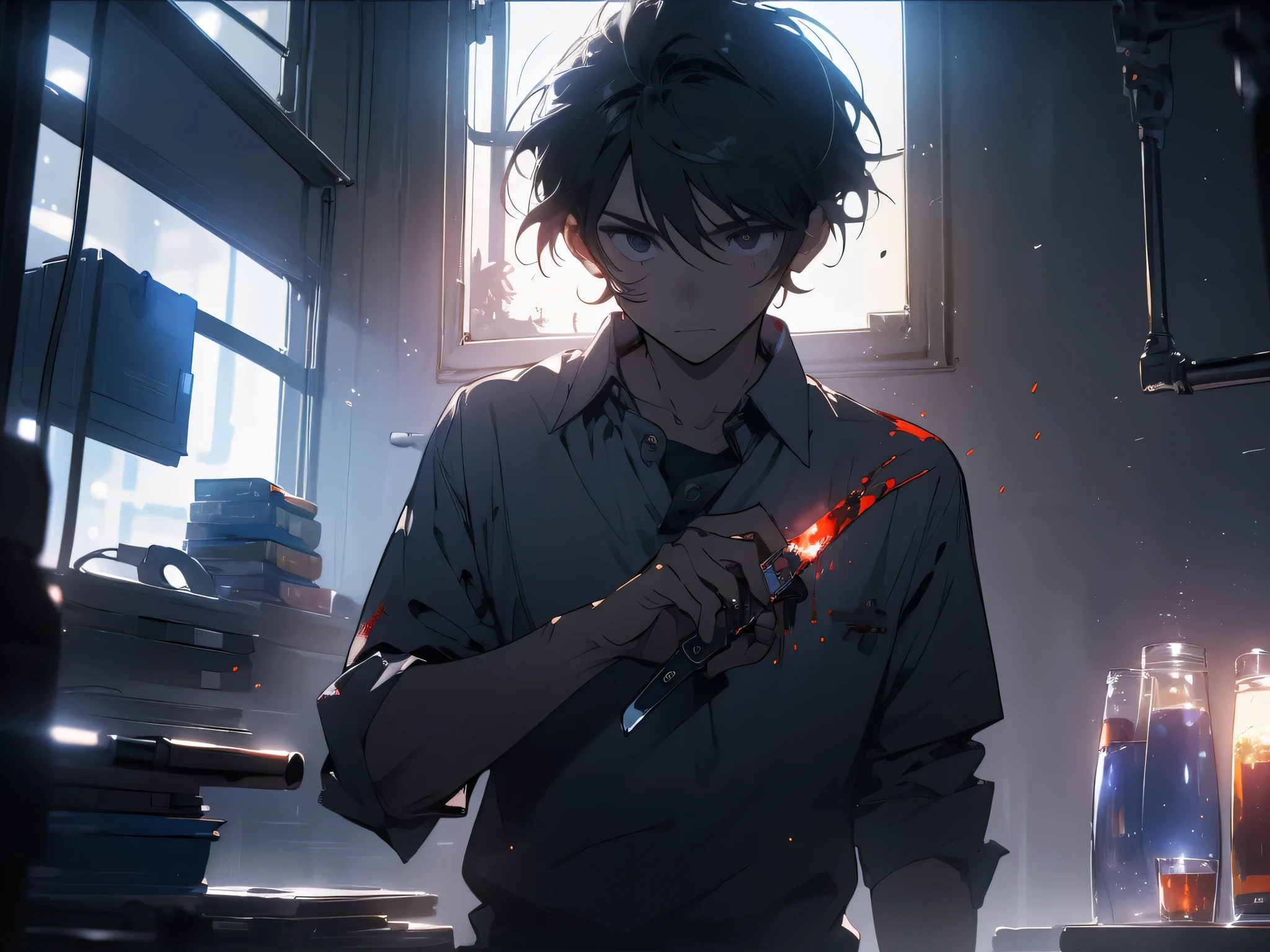 Young man with grayish black hair , a blue suit stood with his back turned half-face smoking a cigarette in his room at night.'