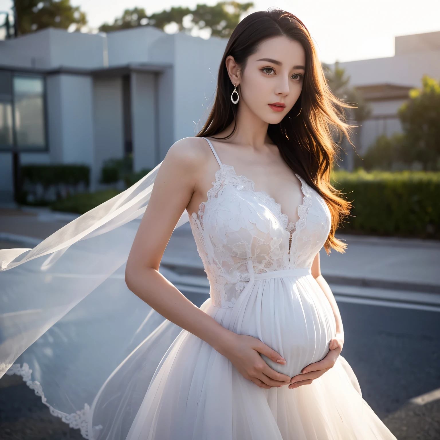 ((top quality、8k、​Masterpiece:1.3))、Extremely delicate and beautiful girl，full-body shot，huge breasts，bigger breasts，amazing breast size，H cup，eight months pregnant，maternity skirt，miniskirt，sunset，sunset。Wear big earrings，Very white skin，moist red lips，Waist is very thin，Thighs are very thin，Big hips，Reveal a little，White and smooth skin，Smooth and fair skin，flawless skin，Fair and shiny skin，cold white skin，The camera focuses on the chest，bright light