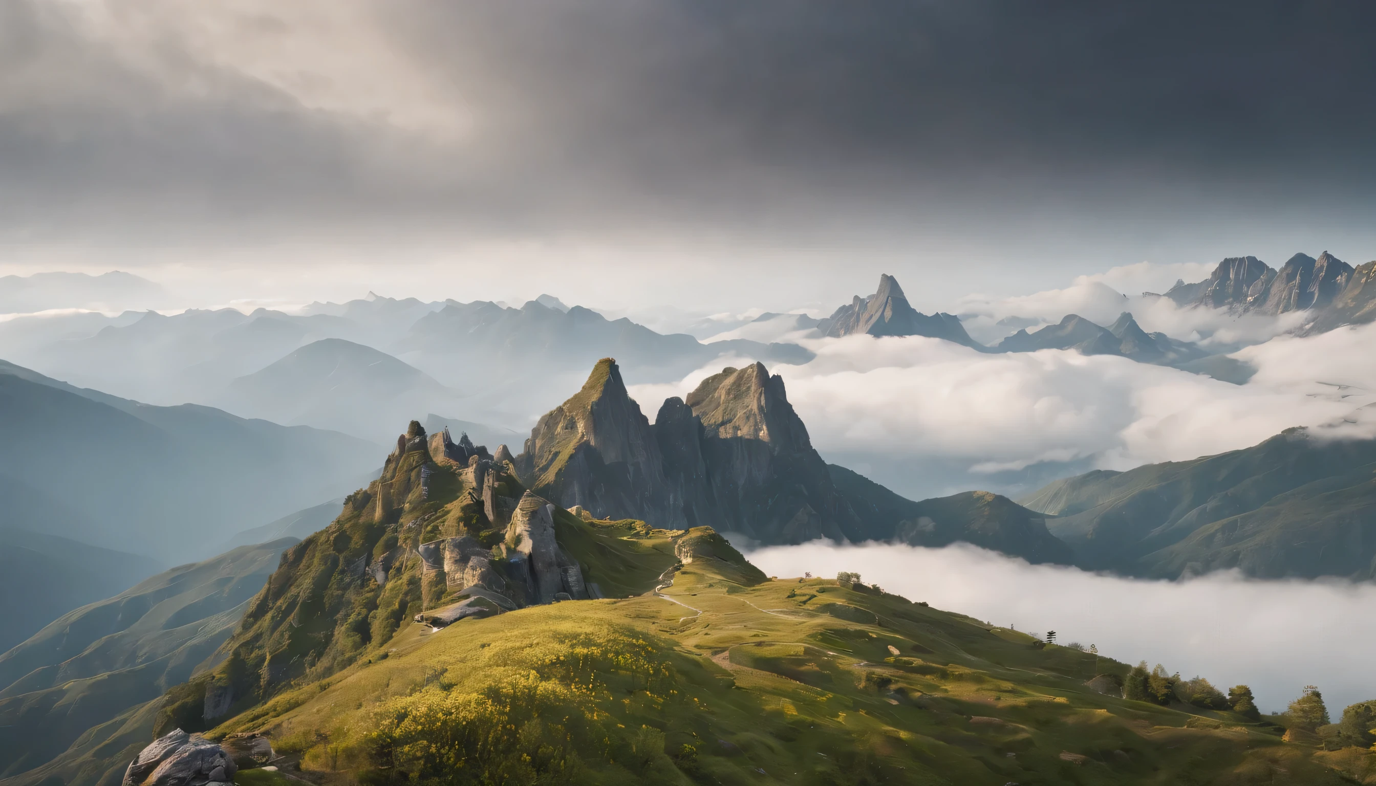 (Highly detailed CG Unity 8k wallpaper、masterpiece、highest quality、Super detailed)、(best lighting、best shadow、very delicate and beautiful)、highest quality、8k、Detailed facial depiction、masterpiece、highest quality、clear image quality、
standing on top of a mountain、The sea of clouds is a mountain々Let me&#39;Take time-lapse photos of the crowd。