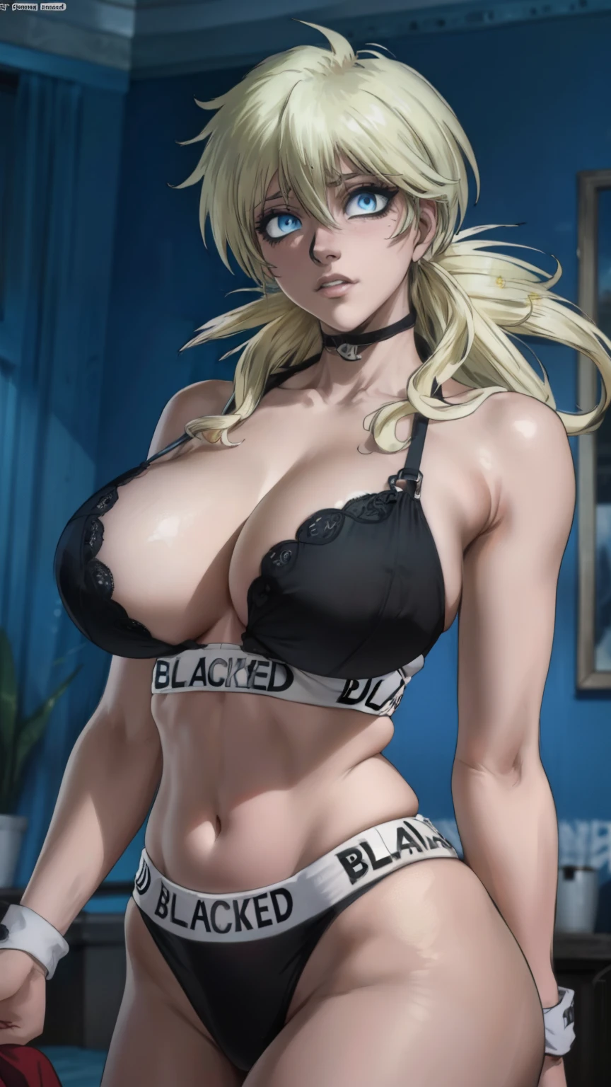 (masterpiece, highest quality, best quality, official art, beautiful and aesthetic: 1.2), (1girl), extremely detailed, (fractal art: 1.3), colorful, highest detailed, perfect face, upper body, HDR, ), vivid visual effects, (dynamic stripes, luminous traces: 1.2), long blonde hair, hellsing, integra, breast focus, breasts, large breasts, bare breasts, naked, nude, boob window, sexy, wide hips, thicc figure, Detailed blue eyes, Detailed face, Detailed eyes, BLACKED, BLACKED UNDERWEAR, BLACKED PORNO