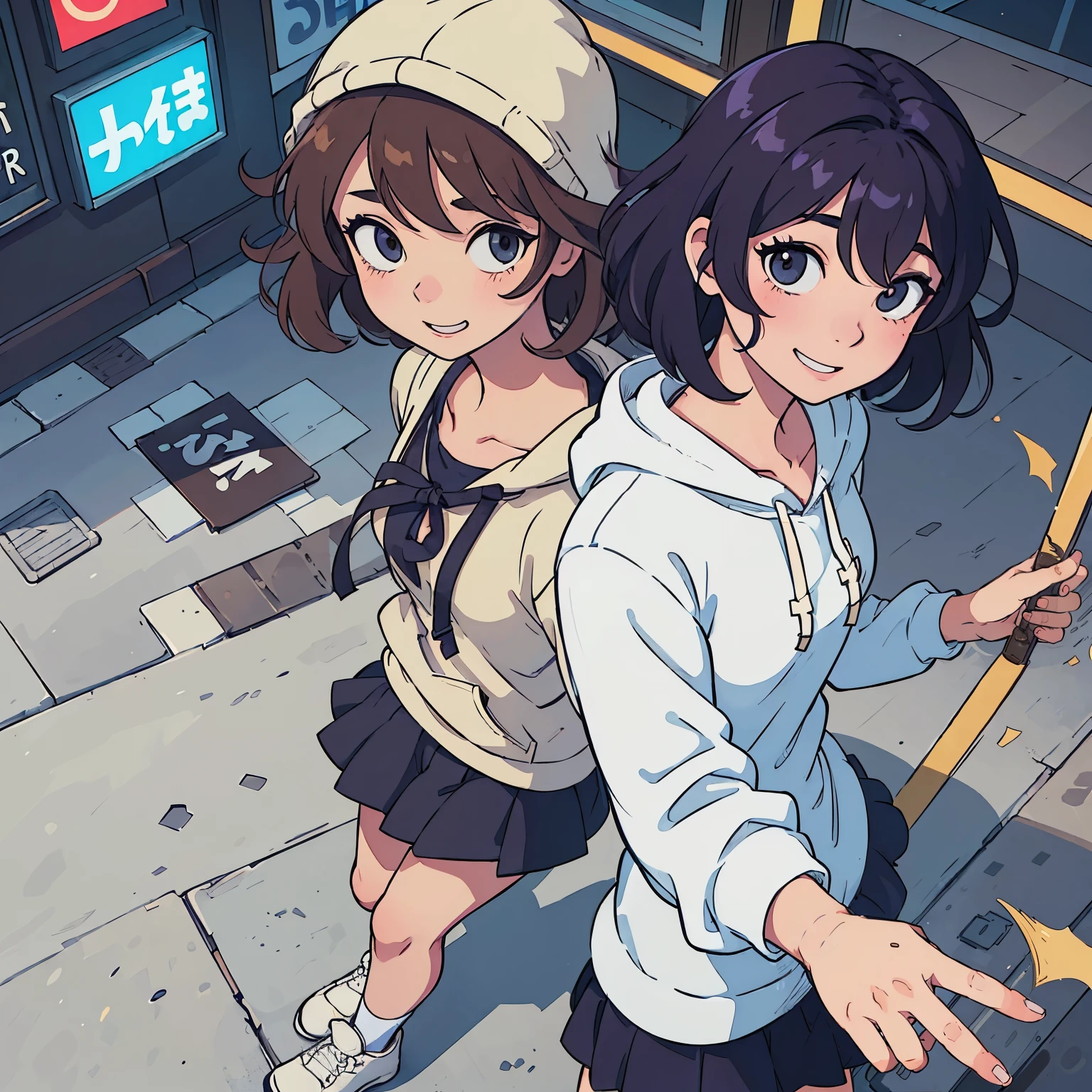 (best quality:1) perfect anime illustration, a pretty, happy woman with short curly brown hair on the street in the city, wearing a hoodie, skirt
