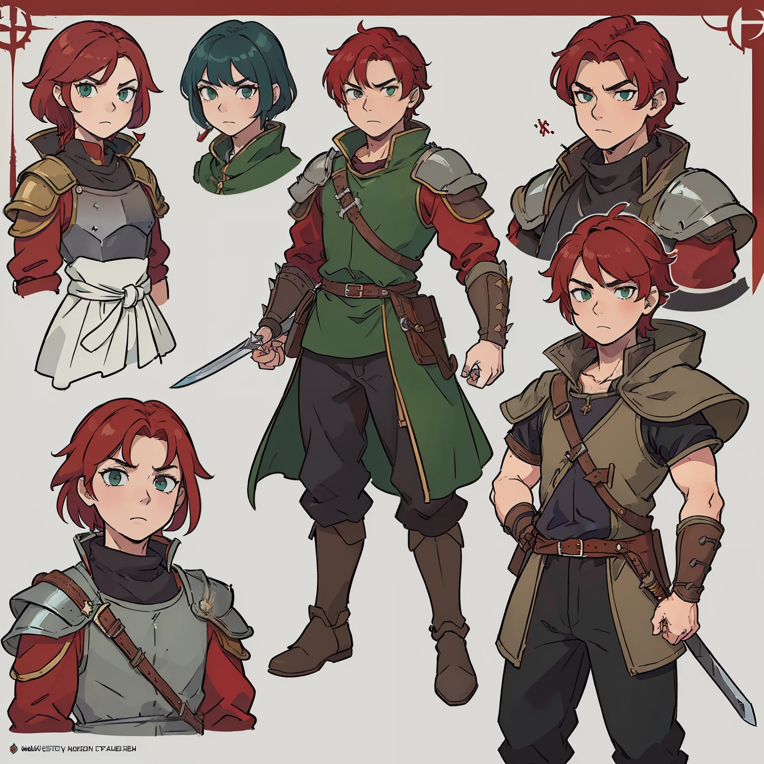 (((masterpiece))),(((best quality))), ((character design sheet, same character)), character design sheet, character reference sheet, illustration, swordsman boy, red short and spiky hair, leather and iron armor, medieval clothes, wielding a sword, bold face, game character, rpg character, fighting pose, green highligths in hair, anime character, 8k, awesome quality