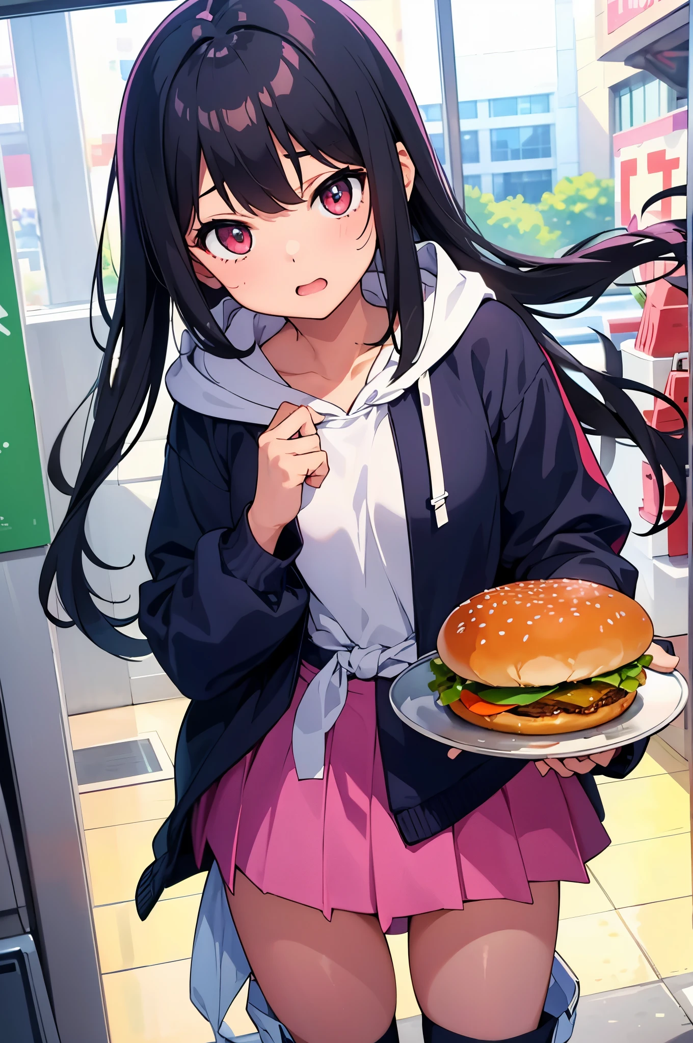 Inside the hamburger shop　elementary school girl　8-year-old　flat chest　black hair　long hair　eyes are purple　（（1 person））　Hooded hoodie with upper body pink　Lower body navy blue miniskirt　white panties　white socks　sports boots　daytime　holding a tray with hamburgers in both hands　There&#39;s a hamburger on the tray　Are standing　（（足を開いてwhite pantiesが見える））　from the front　Lower body center angle