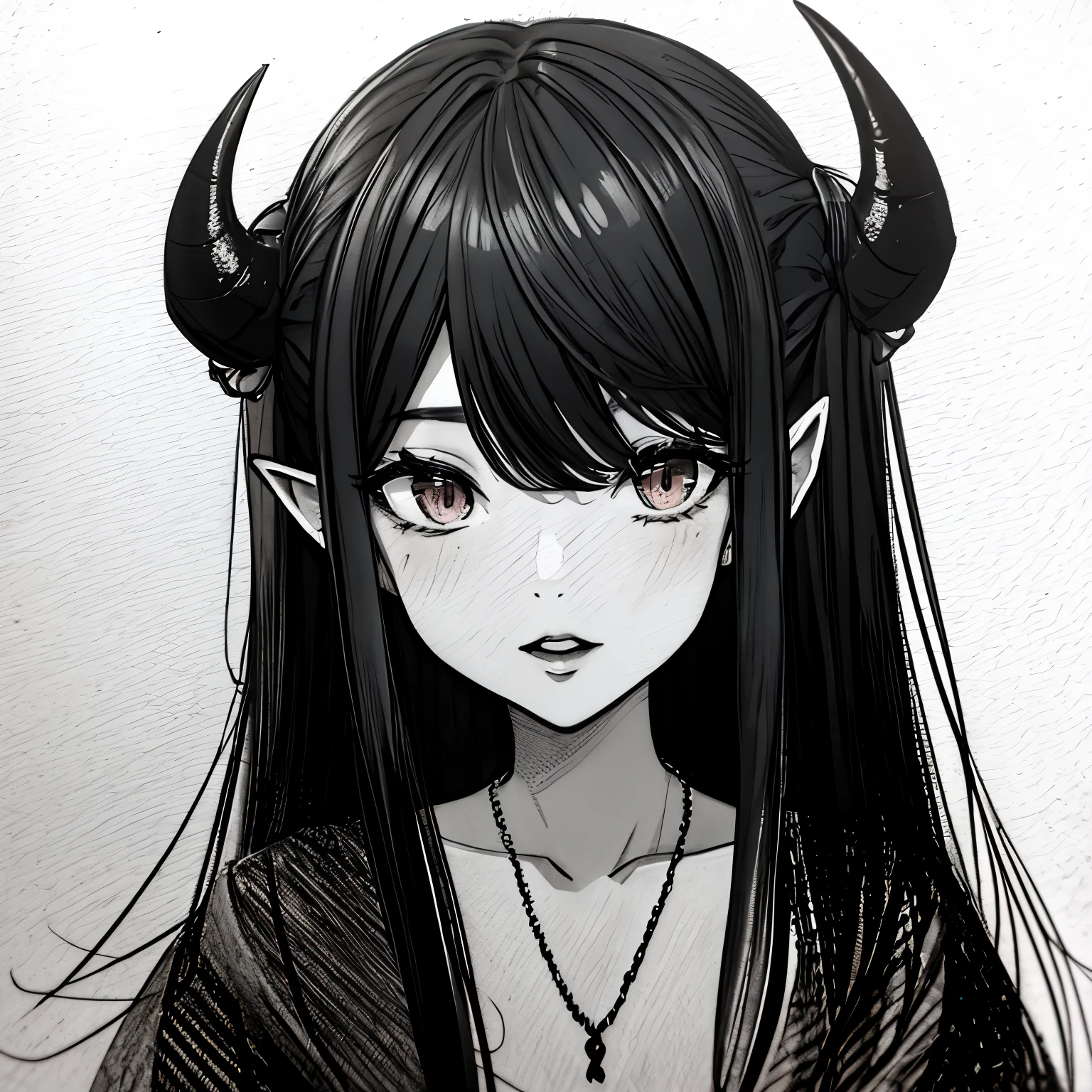 make a horror portrait of a devil horned girl in black and white colors