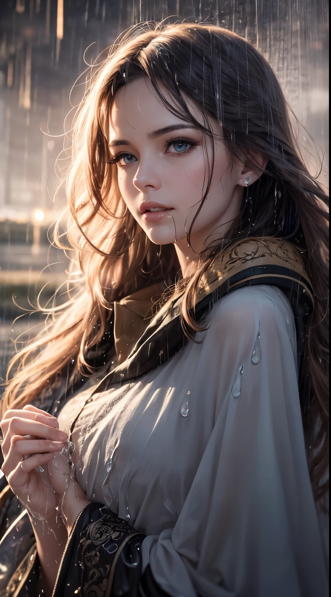 (skin dents:1.5), realistic, realistic, (table top:1.5), concept art, intricate details, very detailed, realistic, octane rendering, 8k, unreal engine, dynamic pose, highest quality, High resolution, (realistic face:1.1), (超realistic:1.1), ((full_body)), perfect eyes,(shiny skin:1.2), (((hairstyle))), (((完璧な手のvery detailed背景), haunted island, ((dynamic background)), ((lightning)), (light), (1 girl), wearing a cloak, (((flowing cloak))), ((fine eyes, high quality eyes, high quality face)), long hair, (((flowing hairstyle))), 1 girl ((Control the water)), (((whirlwind of water))), Ocean, tsunami, magic, (create a dramatic, Depth of the bounds written, Bokeh, 4k, gothic, ((rain)), energy ball between hands