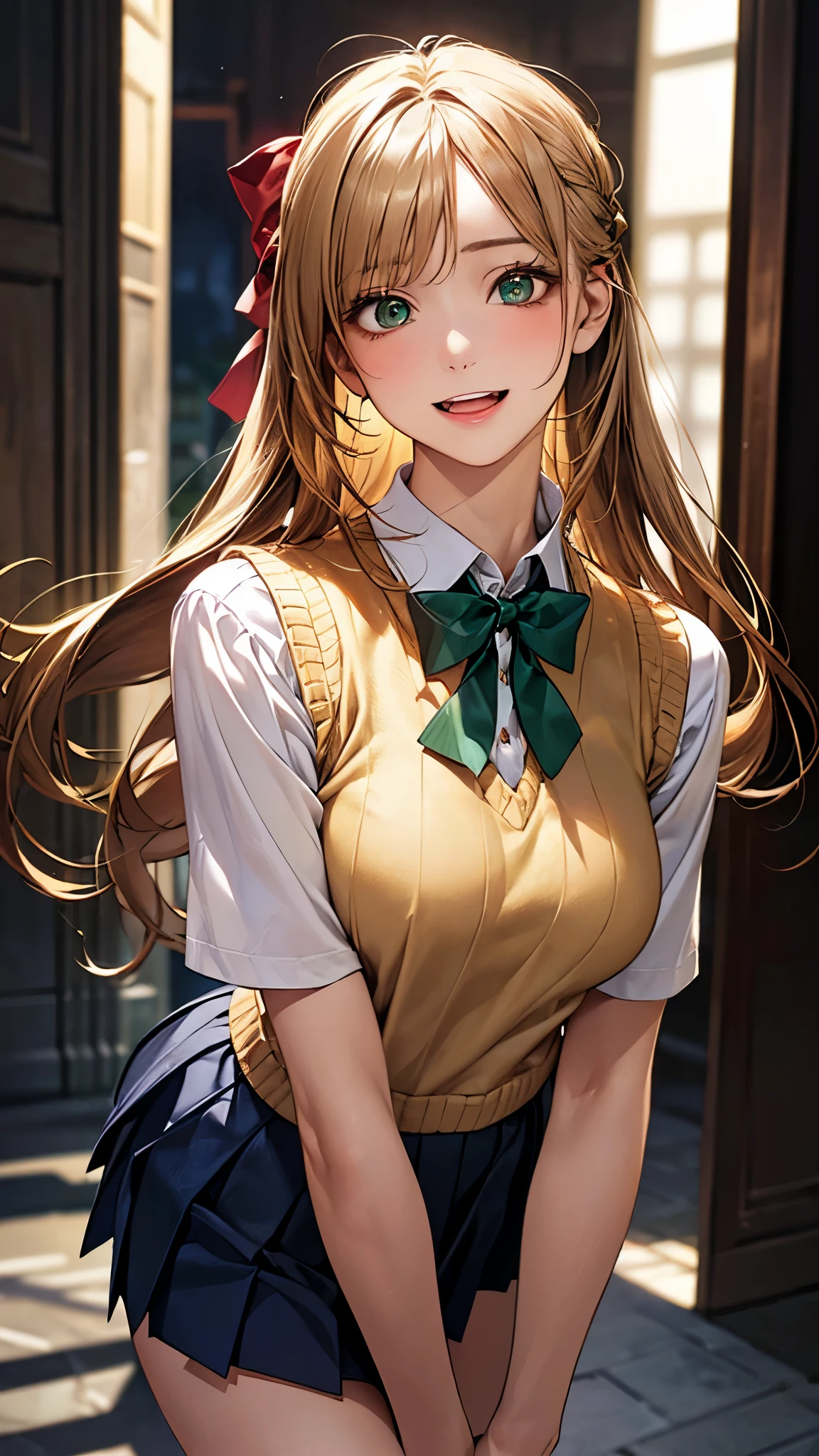 (masterpiece:1.2, top-quality), (realistic, photorealistic:1.4), beautiful illustration, (natural side lighting, movie lighting), depth of field,
looking at viewer, (face focus, upper body), front view, 1 girl, japanese, high school girl, , perfect face, cute and symmetrical face, shiny skin,
(long hair:1.7, half updo:1.4, sideburns:1.5, blond hair), asymmetrical bangs, emerald green eyes, big eyes, drooping eyes, long eye lasher, (medium breasts), slender,
beautiful hair, beautiful face, beautiful detailed eyes, beautiful clavicle, beautiful body, beautiful chest, beautiful thigh, beautiful legs, beautiful fingers,
((detailed cloth texture, yellow brown knitted vest, short sleeve white collared shirts, navy pleated skirt, red bow tai)),
(beautiful scenery), evening, (outside park), standing, (happy smile, upper eyes, open mouth),