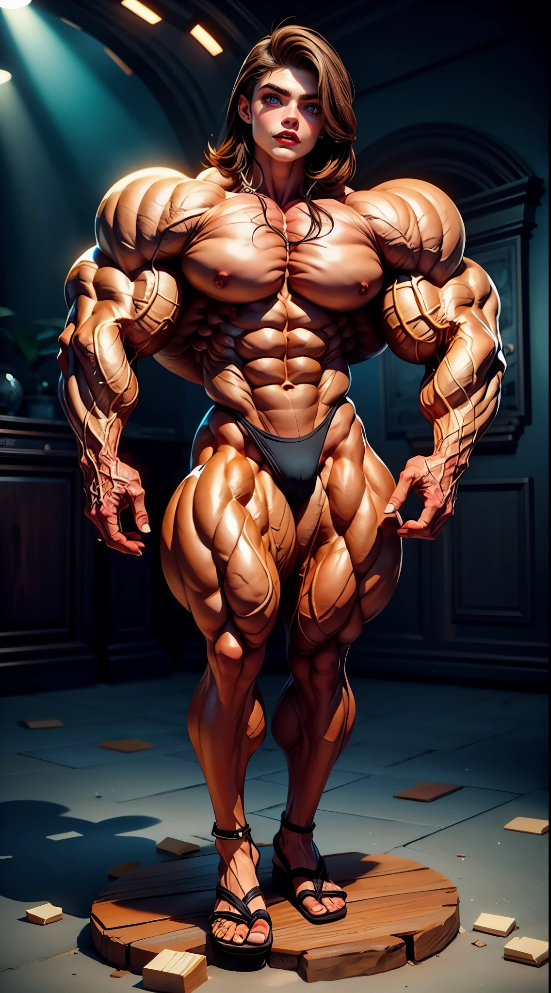 (1 girl), (cara delevingne), (naked:1.25), (muscular bodybuilder woman:1.25), (huge veiny breasts:1.25), long hair, (full body), (solo)