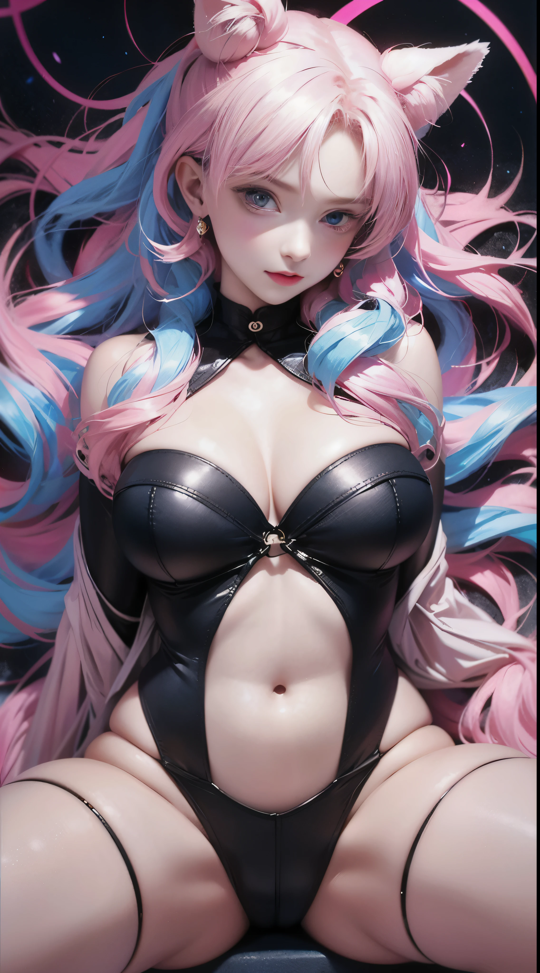 Light blue and red color scheme,pink nipples,,,white curly hair, high detail, highest quality, supper detail, pink cat , dark background, 5/6 bodies, hair above nipples, spread your legs, Sleeping Dresses