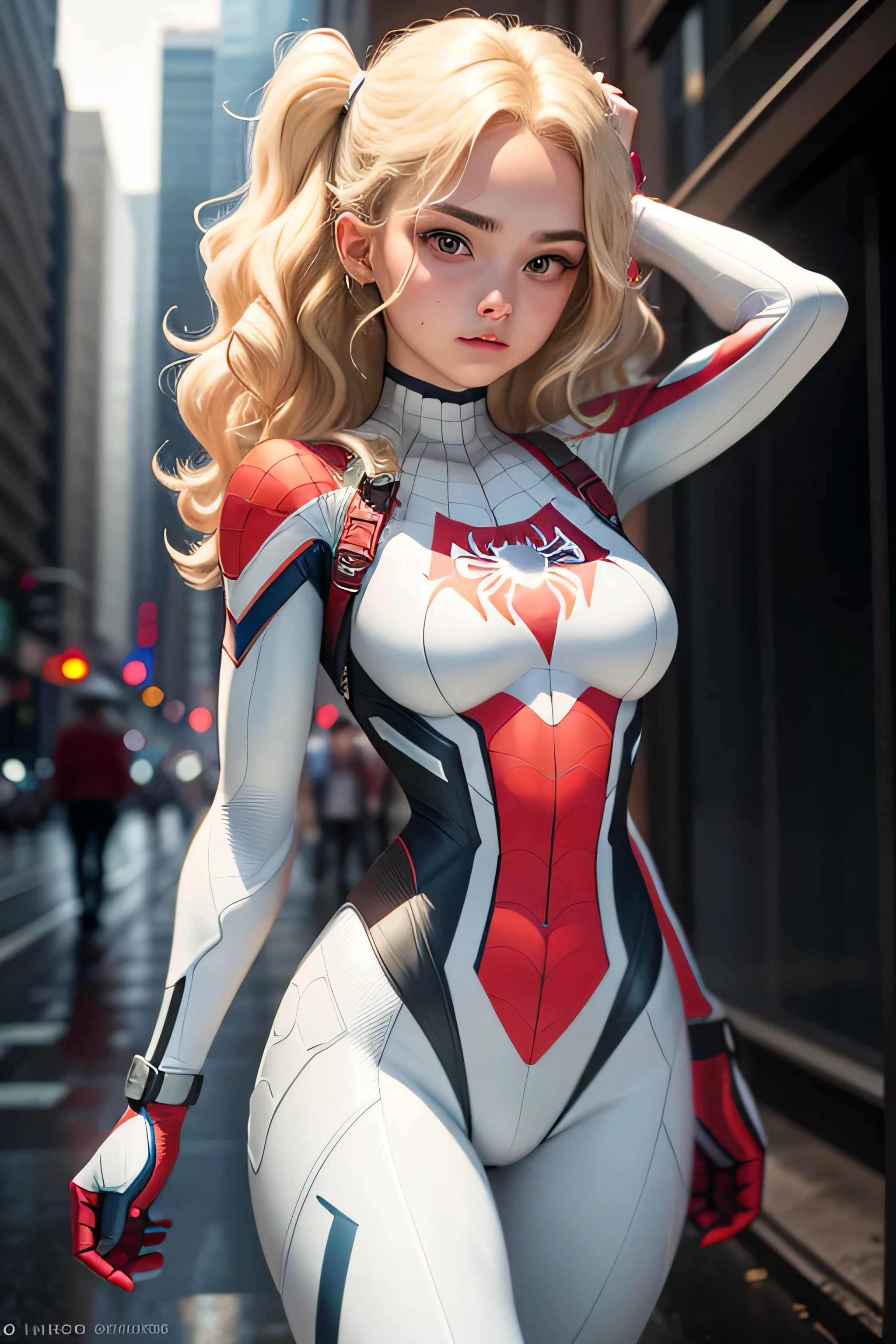 18yo Girl,White Spider-Man suit,short and wavy hair,blondehair,beautifulface,lluvia,teto,The Masterpiece,exquisite detailing,Perfect anatomy,best qulity,ultra-highresolution,4k