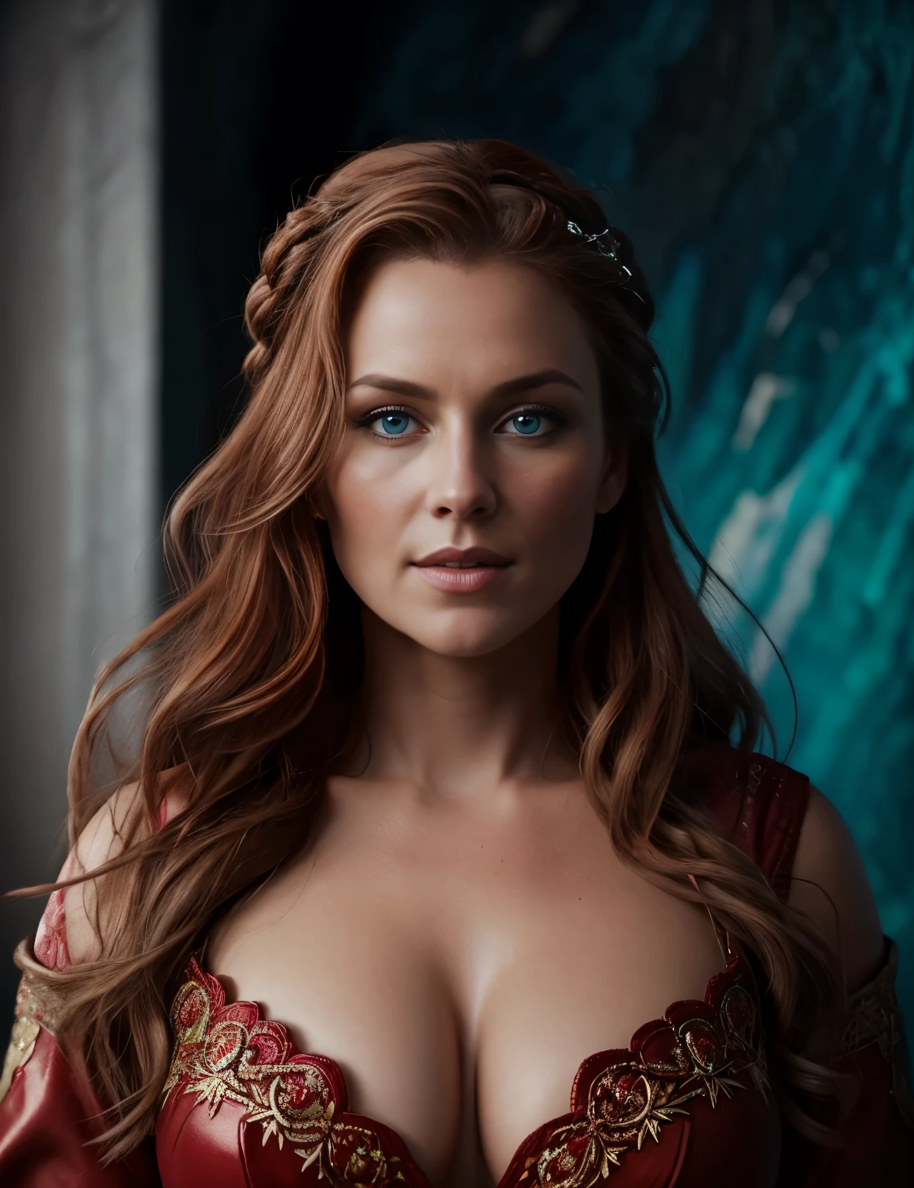Full body Portrait of the Great Nordic Queen, a very gorgeous woman, 40 years old, erotic warrior costumes, dark red styled fluffy hair, natural Blue eyes, a nose with a bump, an elongated chin, dressed in ancient national,
8k resolution, dynamic lighting hyperdetailed intricately detailed Splash art trending on Artstation triadic colors Unreal Engine 5 volumetric lighting, oil painting, heavy strokes