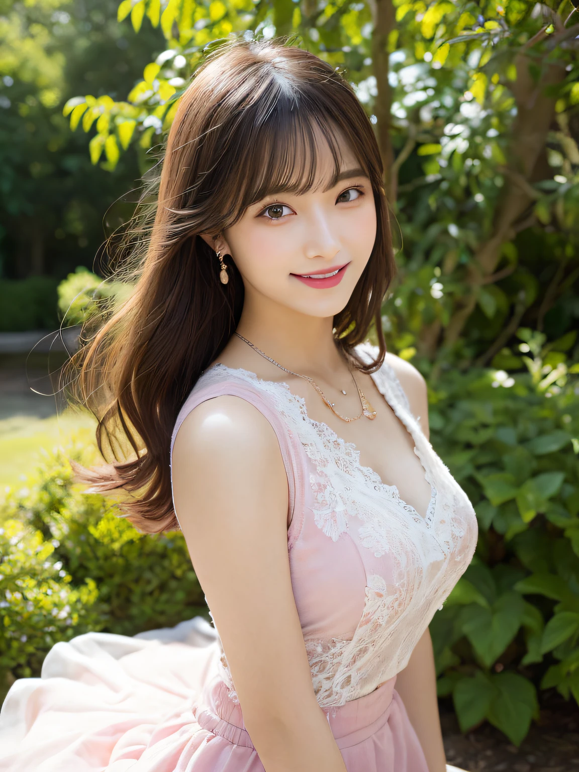 finely detail, hight resolution, hightquality、Perfect dynamic composition, Beautiful detailed eyes, twin-tail hair, Beautiful breasts 、Natural Color Lip, up of face,Kamimei、2 girls in、Transparent skin、Glowing hair、Pink luxury clothes、Fluffy skirt、intricate lace、complex dress、intricate hair ornament、Complex earrings、Complex necklaces、A smile、botanical garden、
