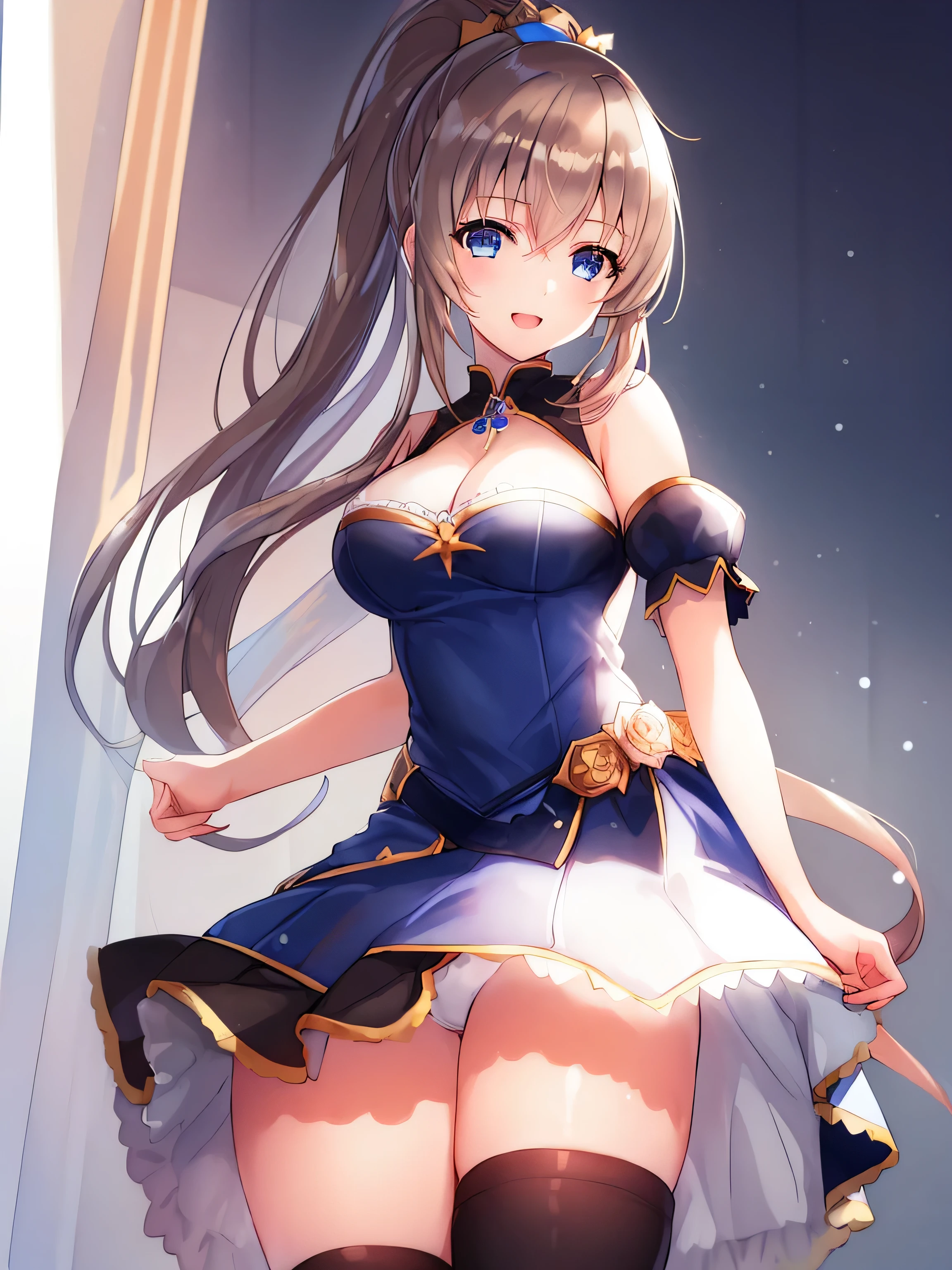 (top quality:1.5)、(​Masterpiece:1.5)、(high resolution:2.0)、the only beauty、Adult sister、(smile slightly)、open mouth、blue eyes、(light brown hair:1.5)、long hair、Hair spreads naturally、(high ponytail:1.5)、((blue princess dress))、Gold-embellished dress、Laminated skirt、Strapless、Detached sleeves、puffy sleeves、medium large breasts、there is a valley、open clothes、A necklace、white miniskirt、((black knee socks))、(absolute area)、under water、open arms、(full-body shot)、White rose hair ornament、A delicate face