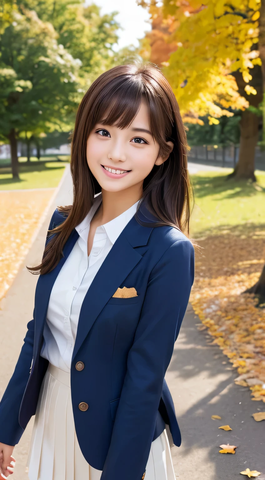 table top,highest quality,Super detailed,finely,High resolution,In 8K,((Photoreal:1.4,RAW photo,超High resolution,best image quality:1.4)),table top、highest quality、 Super detailed、High resolution、8k wallpaper、perfect dynamic composition,、finelyて美しい目、(beautiful breasts:1.1) 、blue blazer、school uniform、white shirt、1 girl、beautiful girl、high school student、brown hair、(shortcut:1.2)、hide left eye with bangs、smile、Autumn foliage avenue