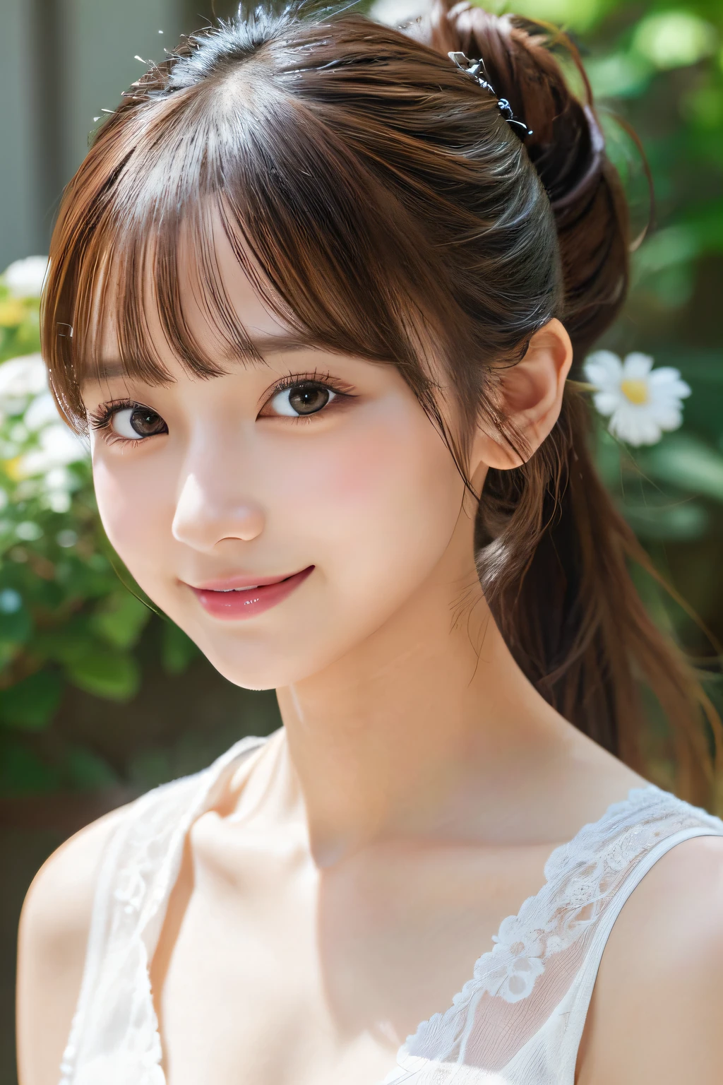 masutepiece, Best Quality, Illustration, Ultra-detailed, finely detail, hight resolution, 8K Wallpaper, Perfect dynamic composition, Beautiful detailed eyes, Women's Fashion Summer,Ponytail hair,Small breasts natural color lip,Smile,Harajuku、20 years girl、Cute、Shot looking at the camera