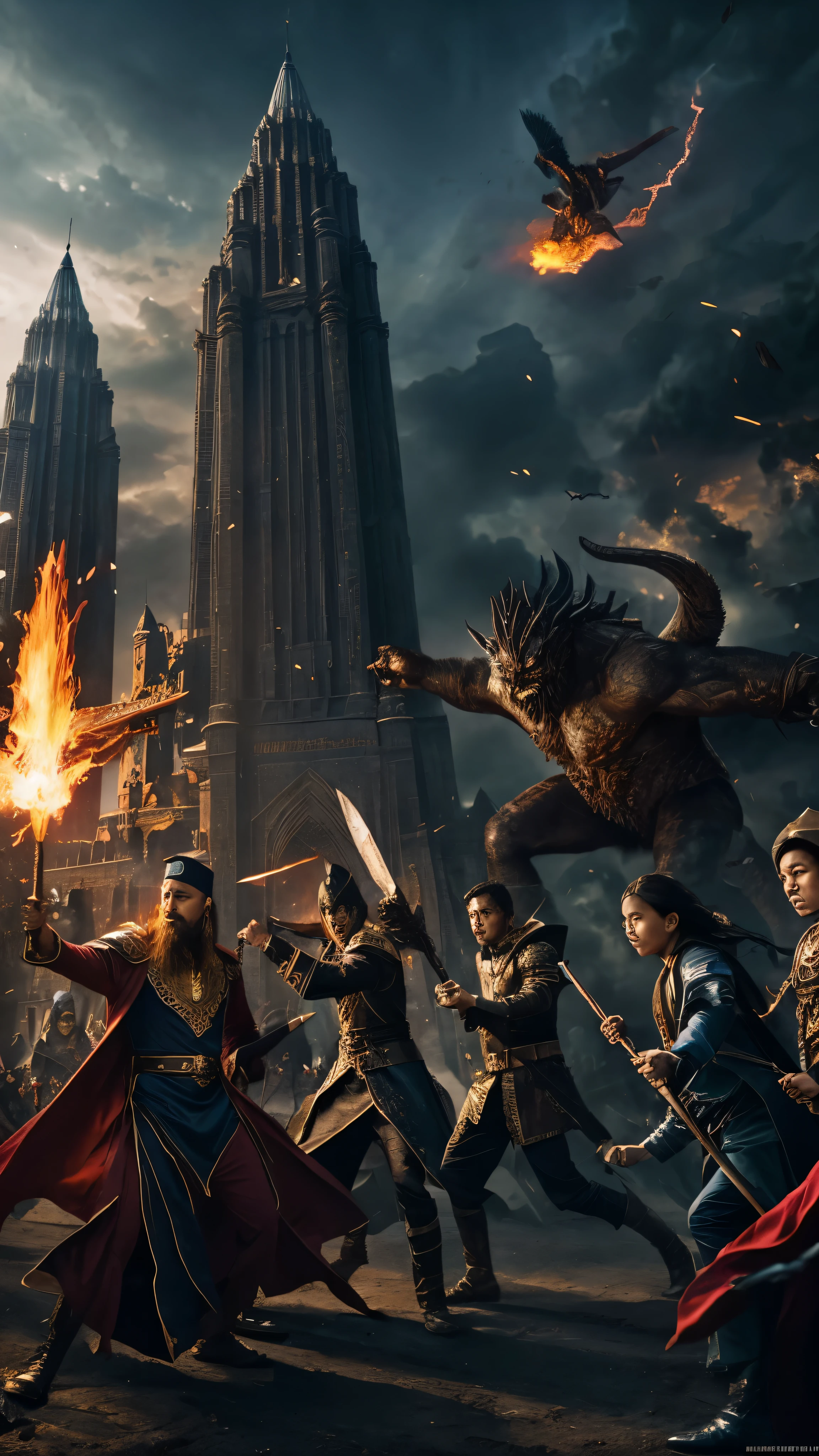Last battle scene, so many Malaysians wizard, between black evil wizard and malaysian school wizard, wizard fighting, wizard war, location in malaysia, Malaysian wizard, fantastic beast, flying wizard, shooting superpower, cinematic scene, super detail, photography picture, wallpaper picture quality, masterpiece, high resolution, 4k hd, 8k hd, 16k hd