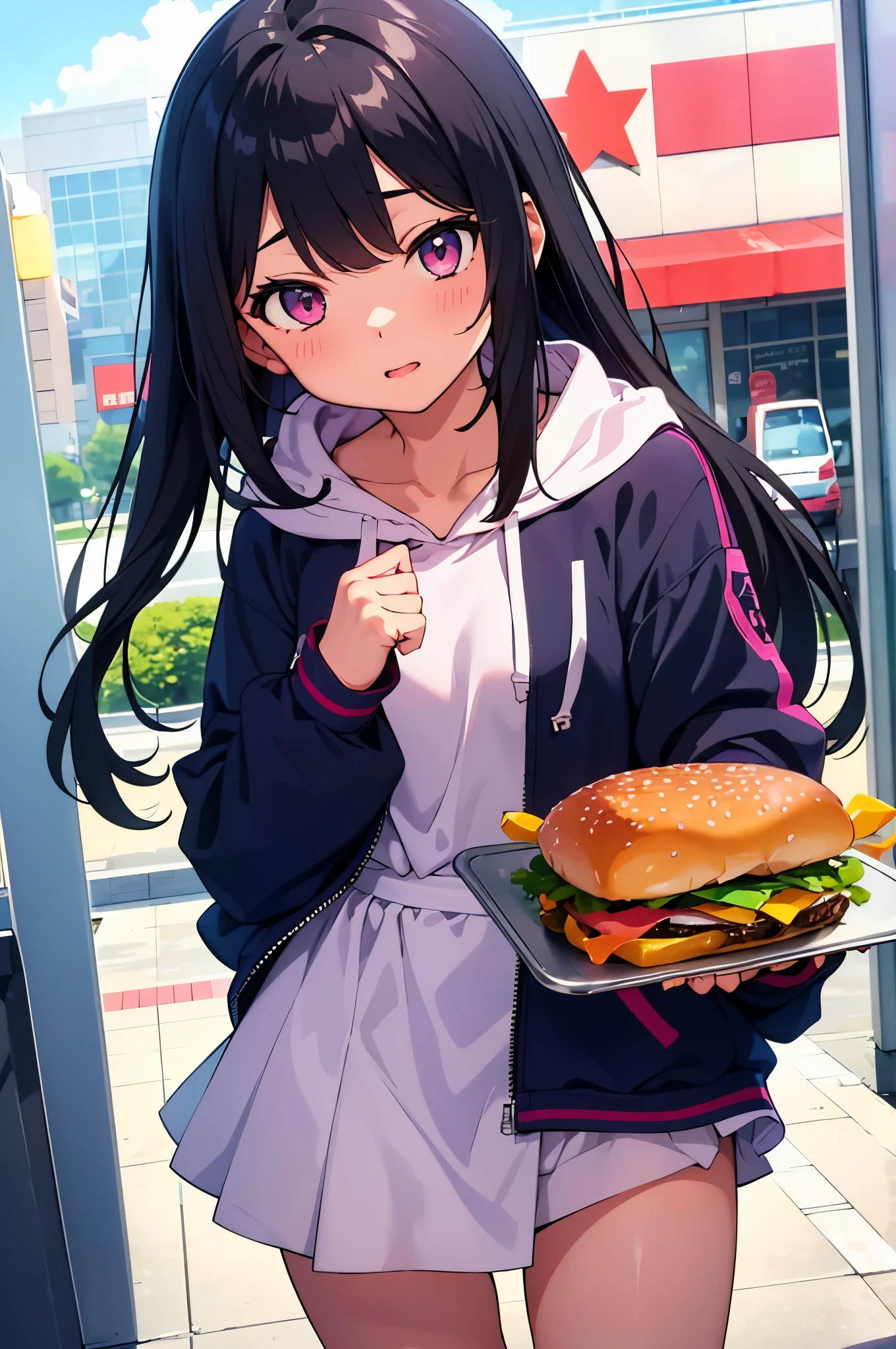 Inside the hamburger shop　　8-year-old　flat chest　blhair　g hair　eyes are purple　（（1 person））　Hooded hoodie with upper body pink　Lower body navy blue miniskirt　white panties　white socks　sports boots　daytime　holding a tray with hamburgers in both hands　There&#39;s a hamburger on the tray　Are standing　（（足を開いてwhite pantiesが見える））　from the front　Lower body center angle