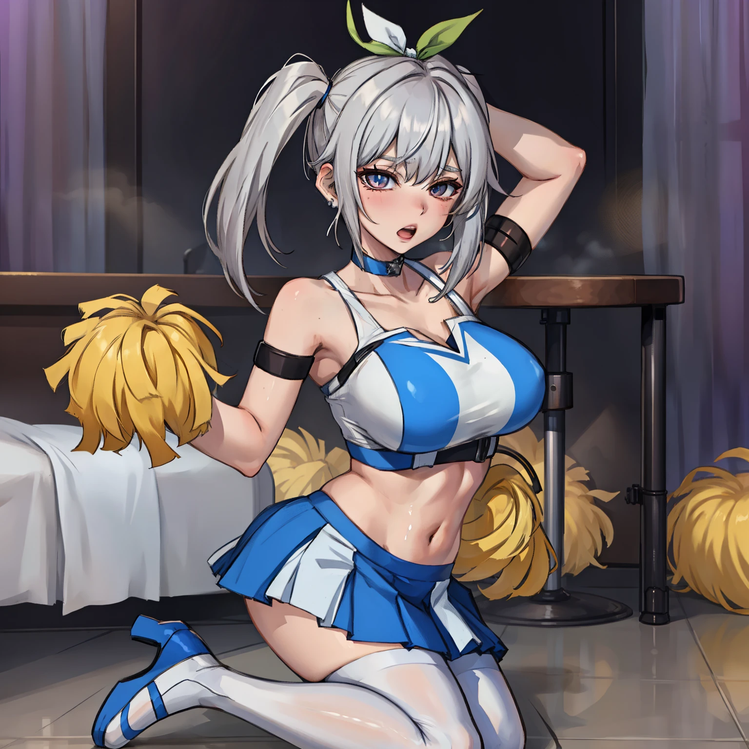 Alone,girl,gray hair,big breasts,Ahegao,twin tails,thin legs,earrings,choker,looking at the viewer,Cheerleader,Thighhighs,high heels