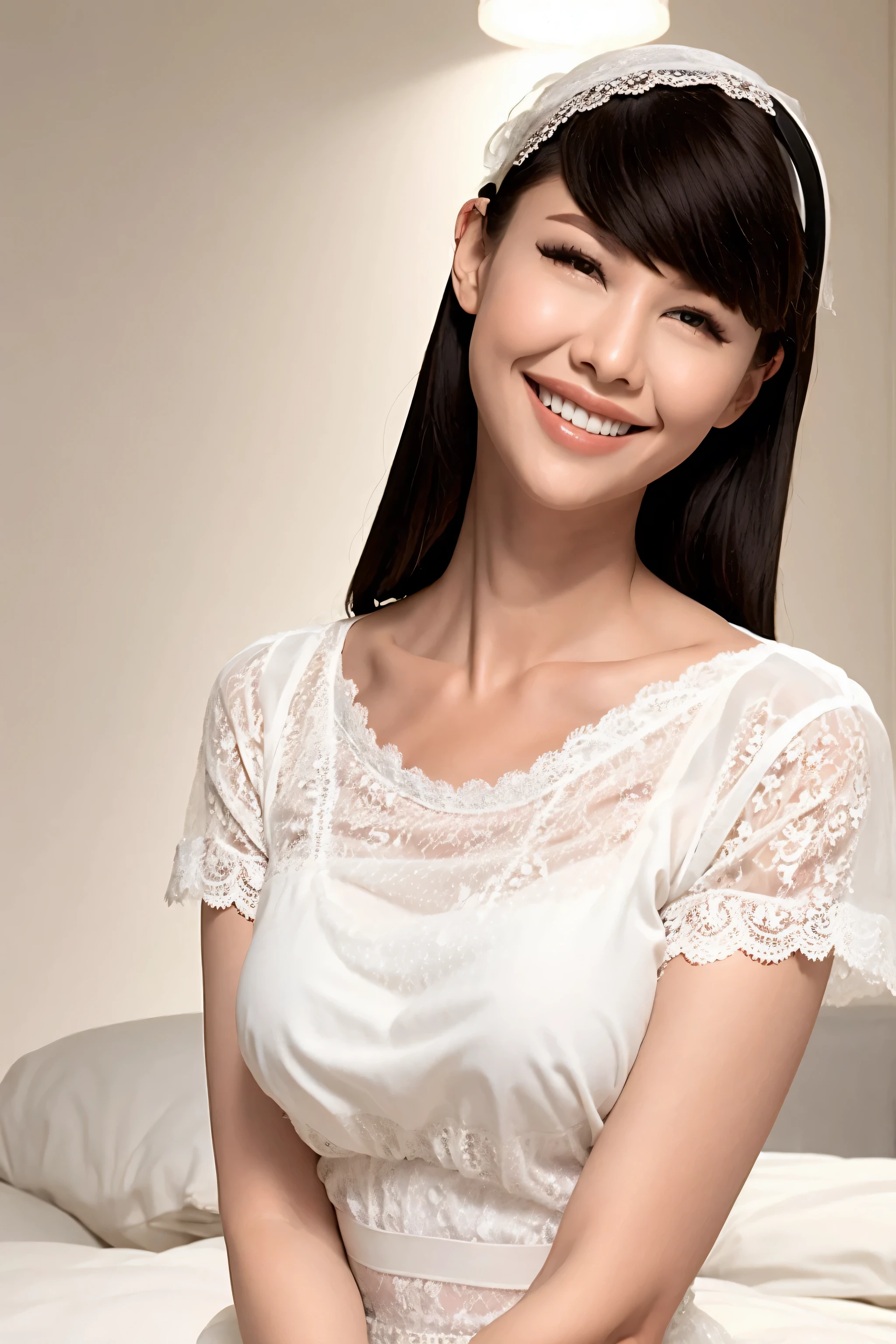 fashion model 20 years old [[[[close up]]]], [[[[neck]]]], [[[[Shoulder]]]], perfect eyes, perfect iris，perfect lips，perfect teeth，Perfect skin，White skin，Soft headlight，High Density Imaging Review，long black hair，（Face is clear and delicate），((white lace underwear))，((Sexy))，(((charming smile)))，((Half body photo))，((The background is the bedroom))，((Deluxe king bed))，best quality，masterpiece，（pastel colors：1.2）