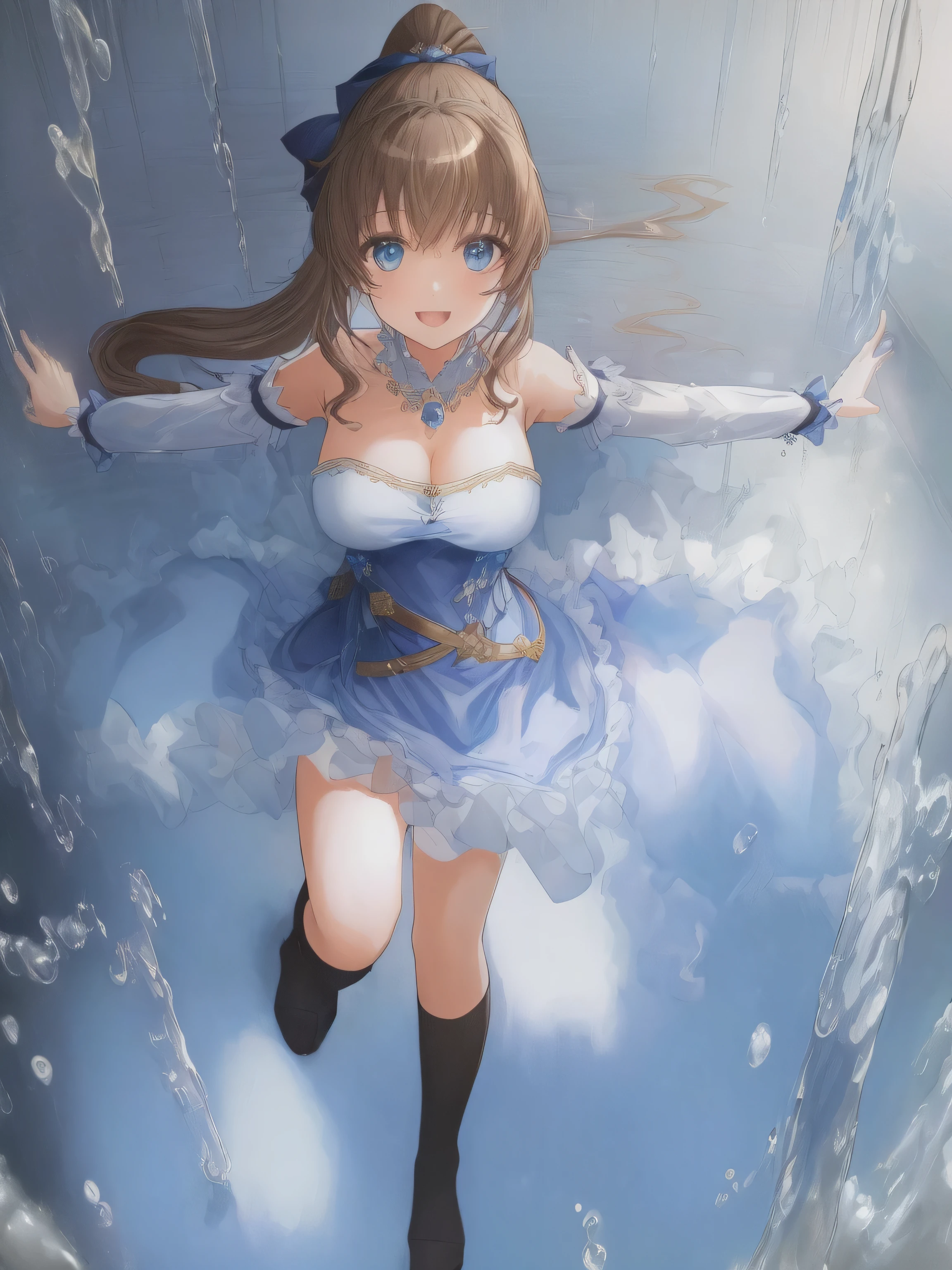 (top quality:1.5)、(Masterpiece:1.5)、(high resolution:2.0)、the only beauty、Adult sister、(smile slightly)、open mouth、blue eyes、(light brown hair:1.5)、long hair、Hair spreads naturally、(high ponytail:1.5)、((blue princess dress))、Gold-embellished dress、Laminated skirt、Strapless、Detached sleeves、puffy sleeves、medium large breasts、there is a valley、open clothes、A necklace、white miniskirt、((black knee socks))、(absolute area)、under water、open arms、(full-body shot)、White rose hair ornament、A delicate face