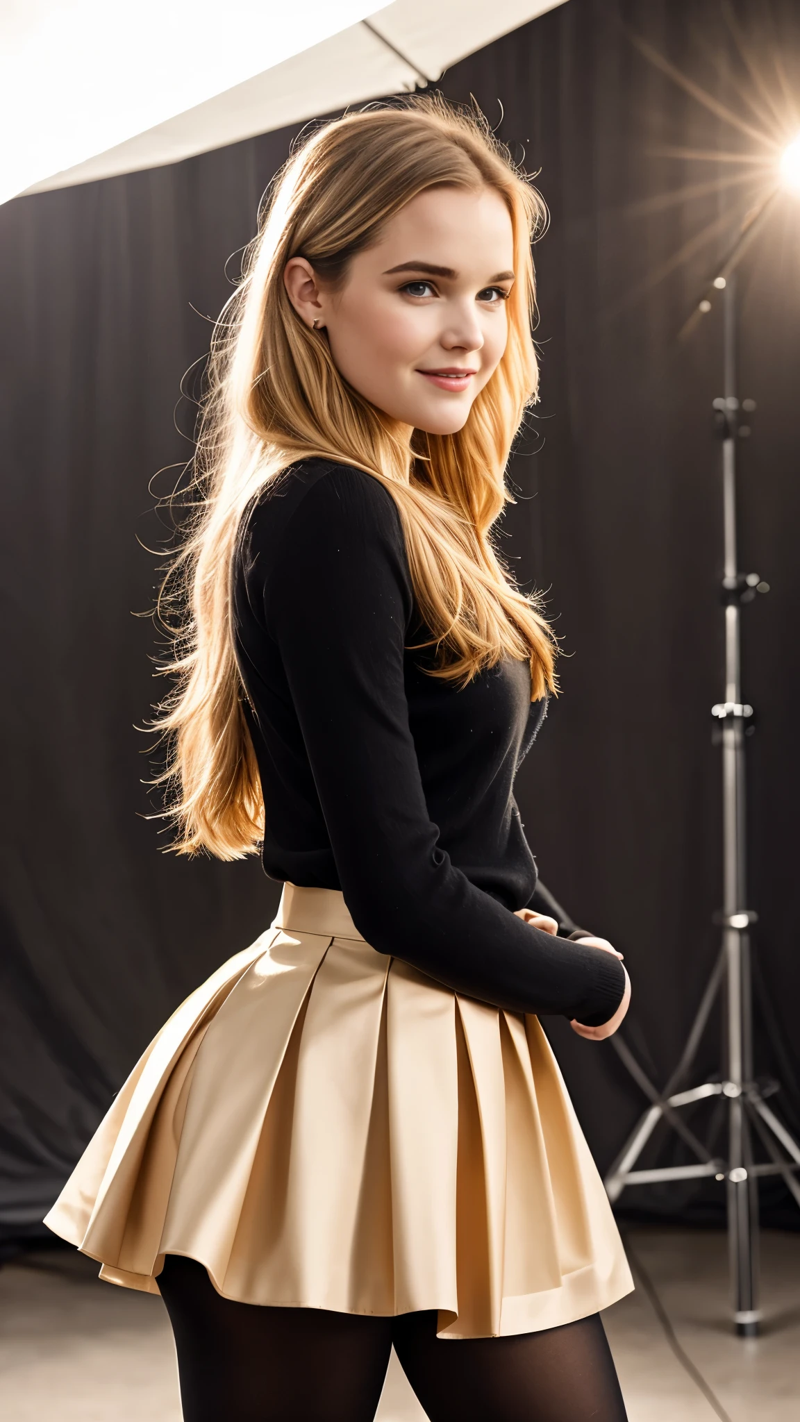 Zoey Deutch, pleated skirt, tights, portraits, ultra-detailed, realistic colors, beautiful detailed eyes, beautiful detailed lips, long eyelashes, blonde hair, expressive face, adorable smile, adorable appearance, playful pose, 4k resolution, vibrant colors, studio lighting, bokeh