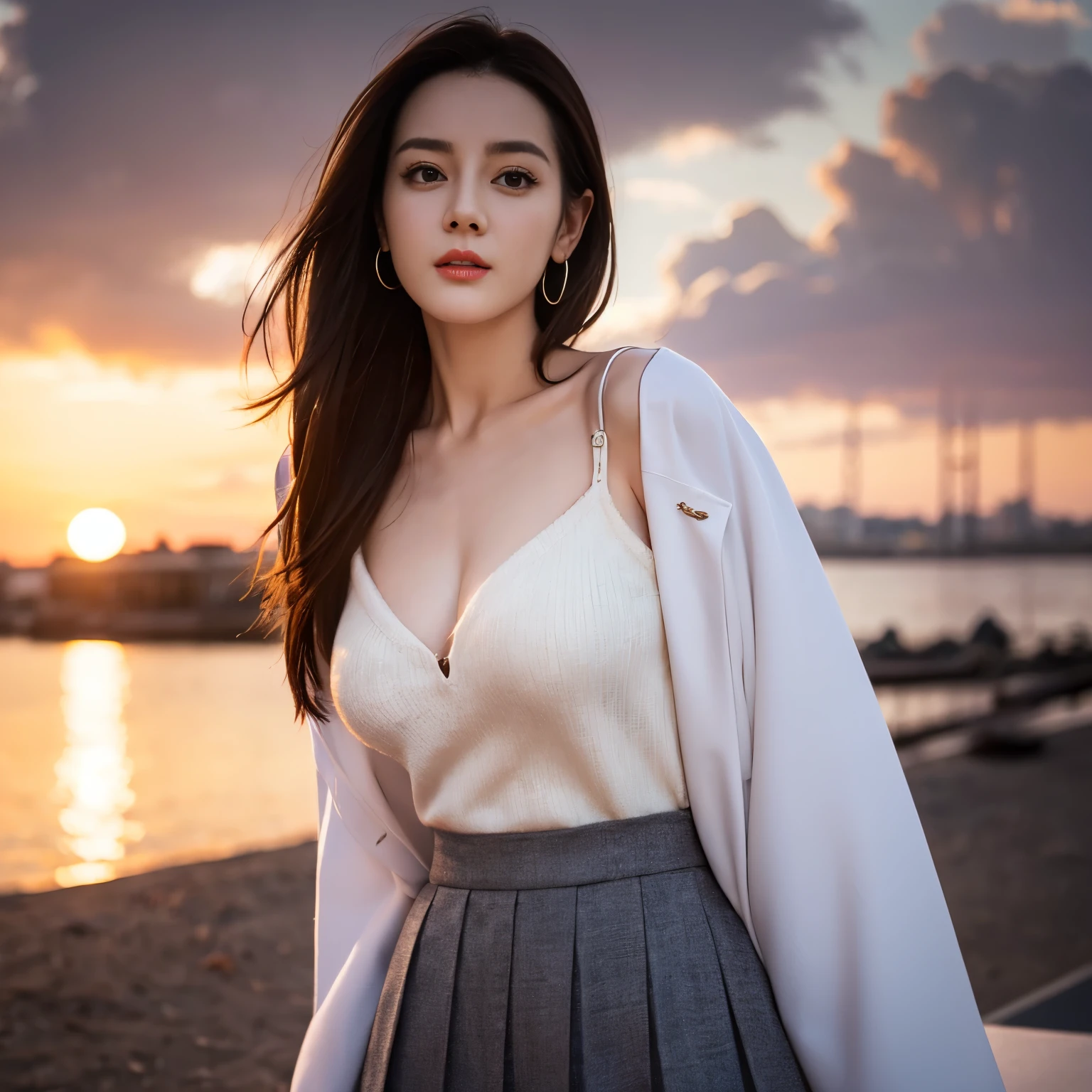 ((top quality、8k、Masterpiece:1.3))、Extremely delicate and beautiful girl,full-body shot,huge breasts,bigger breasts,amazing breast size,H cup,pleated skirt,miniskirt,sunset,sunset。Wear big earrings,Very white skin,moist red lips,Waist is very thin,Thighs are very thin,Big hips,Reveal a little,White and smooth skin,Smooth and fair skin,flawless skin,Fair and shiny skin,cold white skin,The camera focuses on the chest,bright light