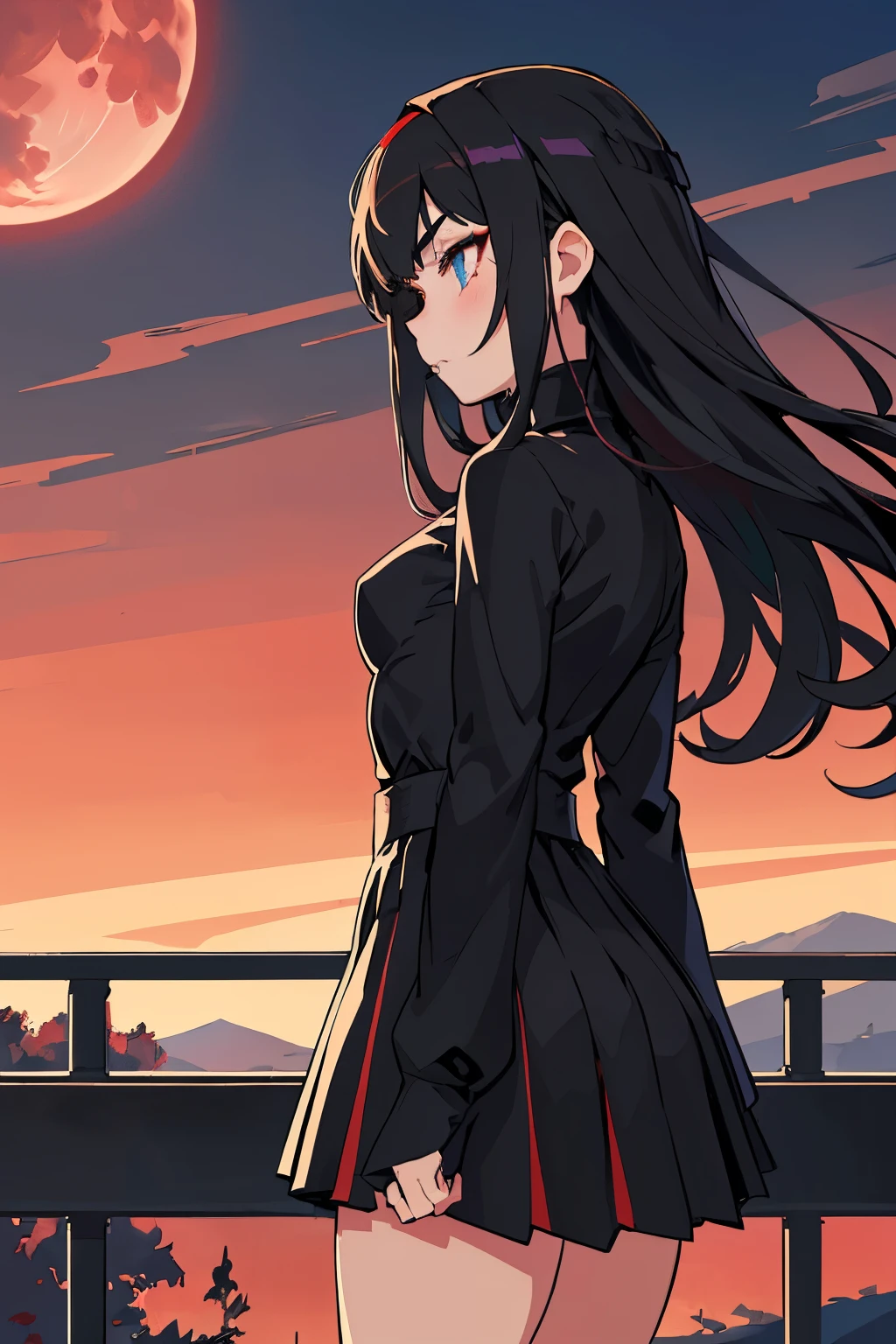 girl pictures, Volumetric lighting, Best shadows, shallow view deep, Stunning beautiful girl portrait, Delicate, beautiful and charming face and charming sharp blue eyes, pointed eyebrows, Enjoy the scenery, Keep your mouth shut, cute medium breasts, Layered long black hair with sides facing up, wind blown hair, Headband, Blush Eyeshadow, thick eyelashes, Cross on red turtleneck shirt, long sleeves, slim waist, Black short pleated skirt, Thigh clearance, black stockings, red sky at night, cloud, School rooftop, Under the red moon, roof guardrail, rural landscape, Back to, Side view leaning on railing, scapular, (best quality, stunning details:1.25), (alone:1.3), colorful paintings