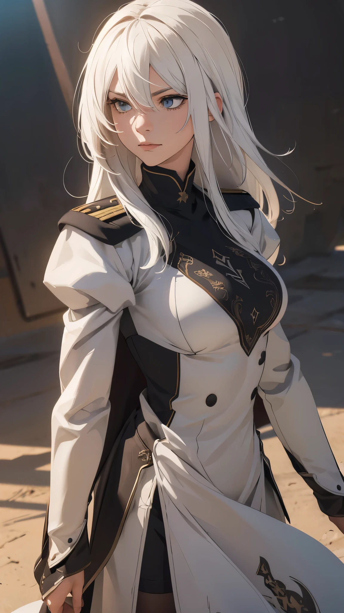 (extremely detailed CG unity 8k wallpaper), (masterpiece), (best quality), (ultra-detailed), (best illustration), (best shadow), (absurdres) ,(detailed eyes), 2b, 1girl, long hair, white hair, solo, Intimidating women, admiral uniform, night, hero pose, white clothes, General Uniform, Military Uniform, Sunlight, exposed to sunlight,commander, fighting pose, wearing cape
