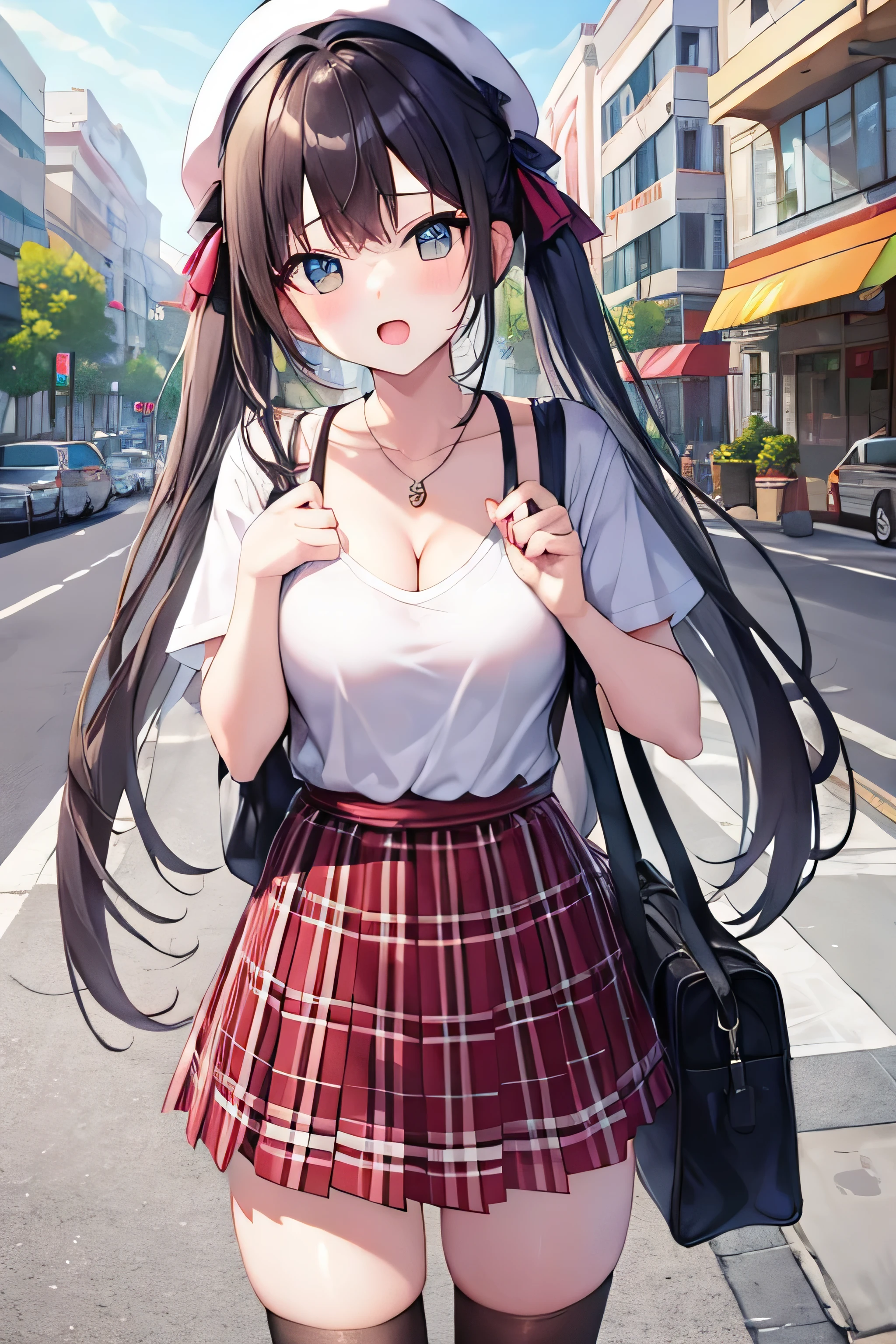 masterpiece、Highest image quality、ultra high resolution、girl with big tits、twin tail hairstyle、black hair、red face、mock、Open your mouth just a little、A white T-shirt that shows the cleavage of a teenage schoolgirl、casual for teenage high school girls、Knee high socks for teenage schoolgirls、white beret for teenage 、Skyscraper、outdoors